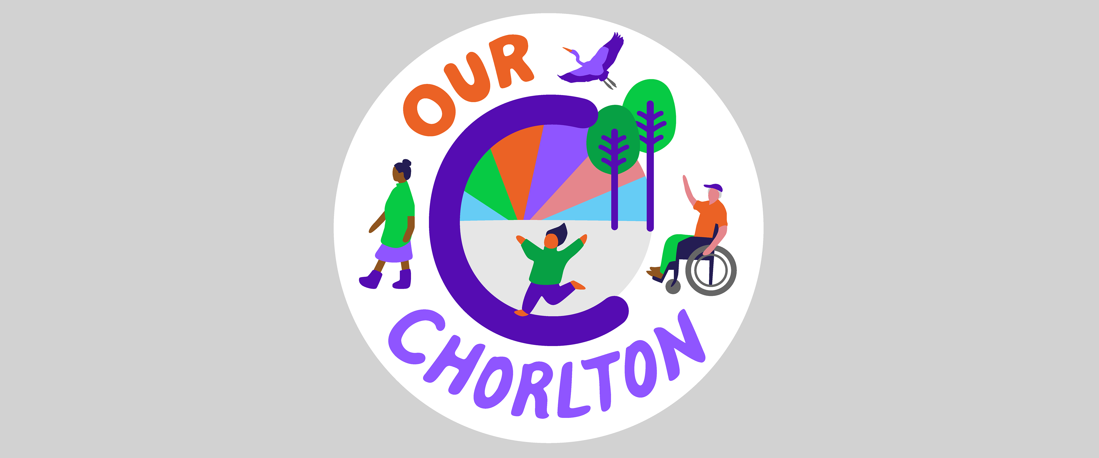Emblem with the words Our Chorlton featuring a woman walking, a happy child and a man on a wheelchair waving. Also a bird flying over a colourful sky