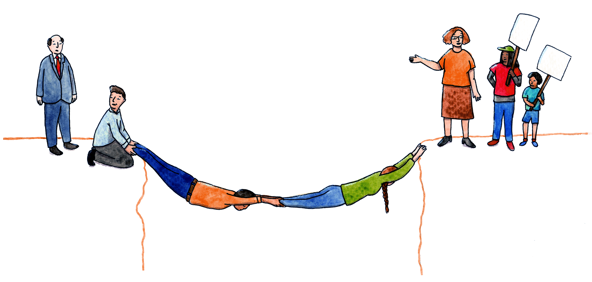 Some people creating a human bridge to connect someone representing the world of politics, with some young activist