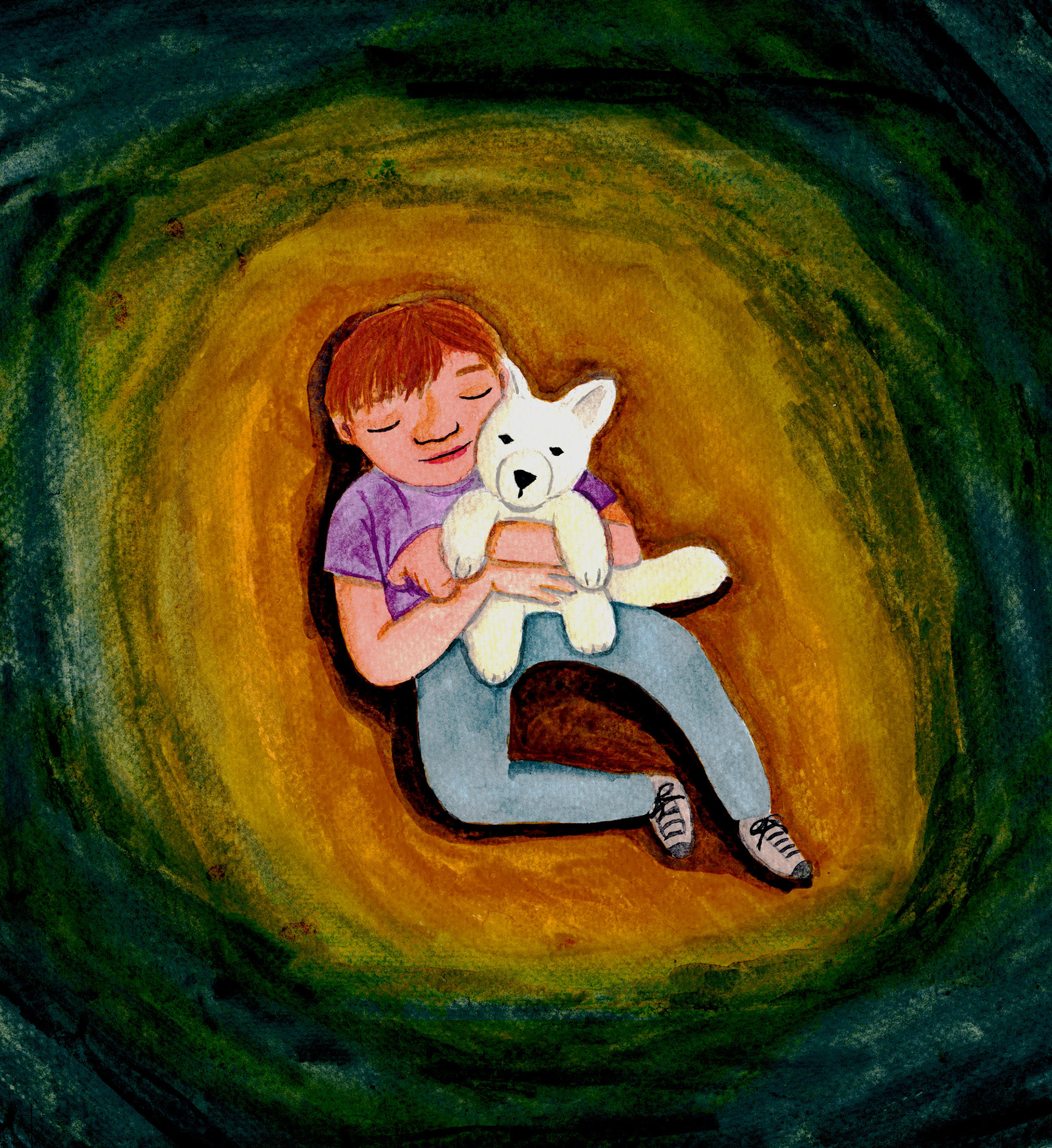 Illustration of a boy hugging a teddy