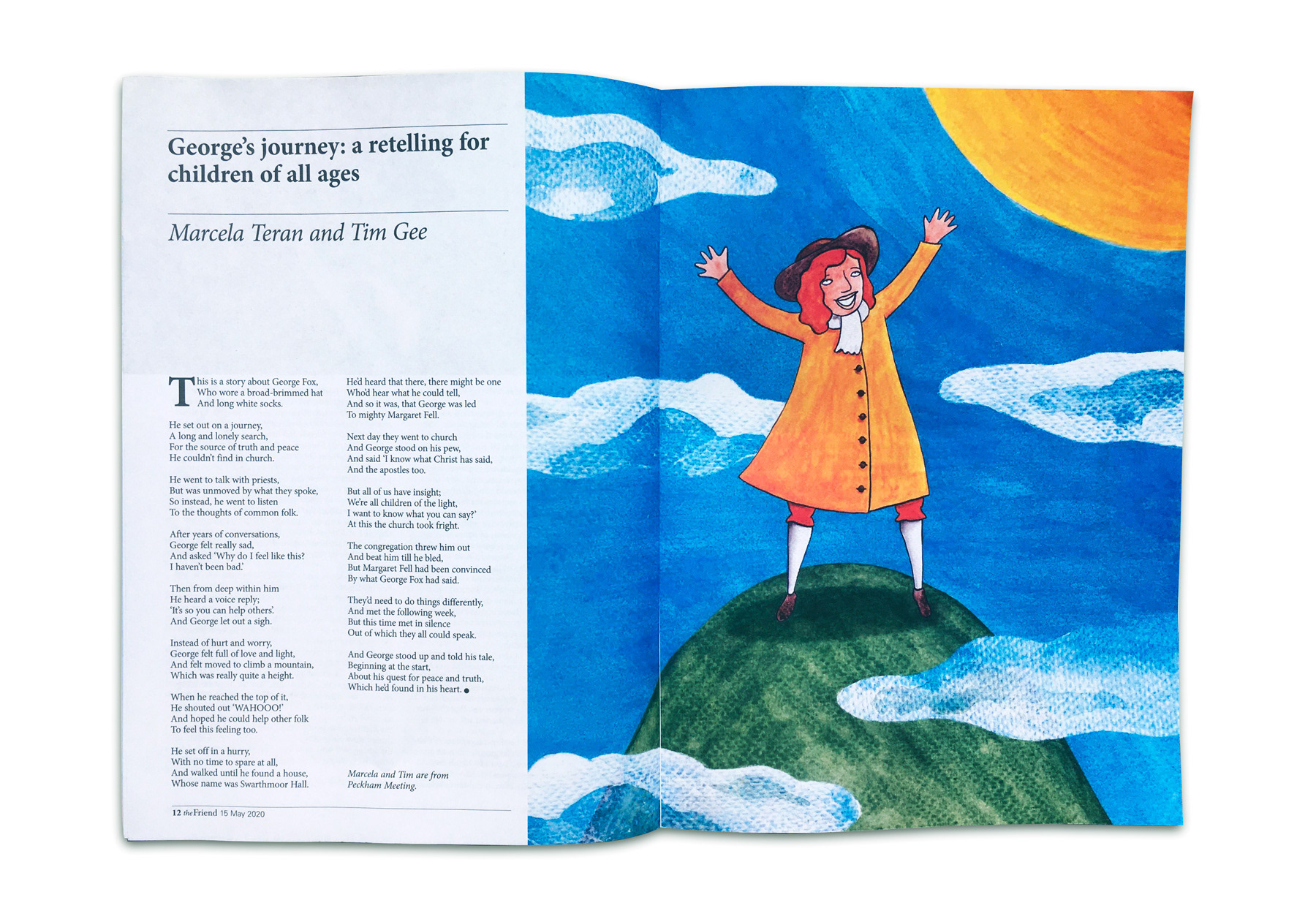 Watercolour illustration of George Fox on top of a mountain with his arms wide open. Illustration and design for good causes.