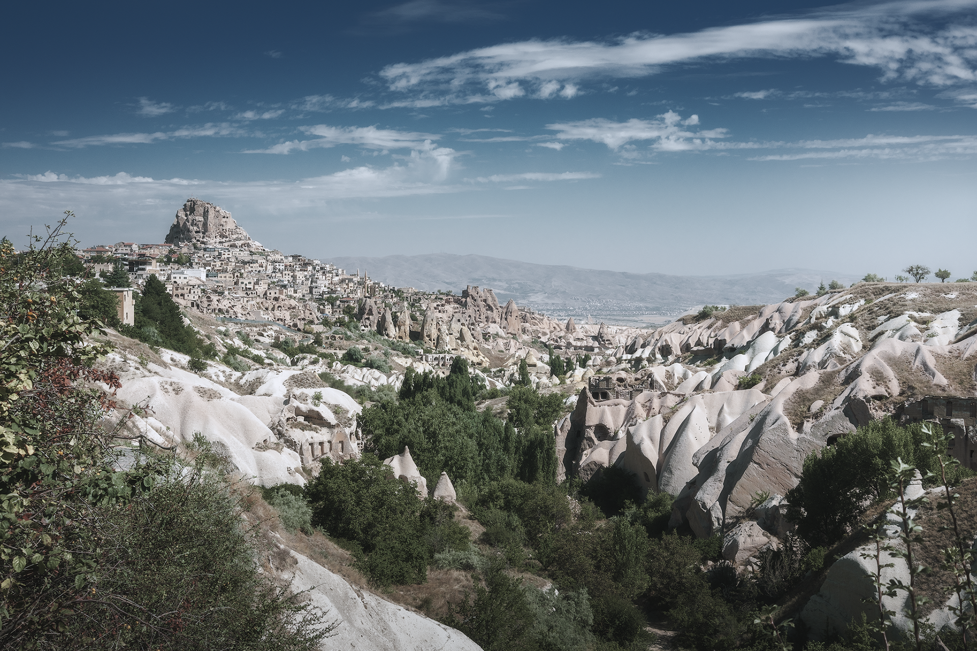 Panorama mozzafiato della Cappadocia con le sue iconiche formazioni rocciose e le abitazioni scavate nella pietra. Al centro dell’immagine si staglia la maestosa fortezza di Uçhisar, il punto più alto della regione, circondata da un paesaggio surreale di valli scolpite dal vento e dalla storia. Il cielo limpido e la vegetazione che si insinua tra le rocce aggiungono profondità e contrasto alla scena.