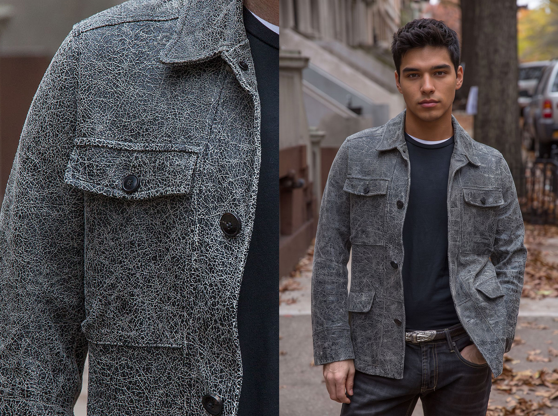 Unlined Carcoat where the Suede has a crackle effect and the inside is a white grain leather surface.