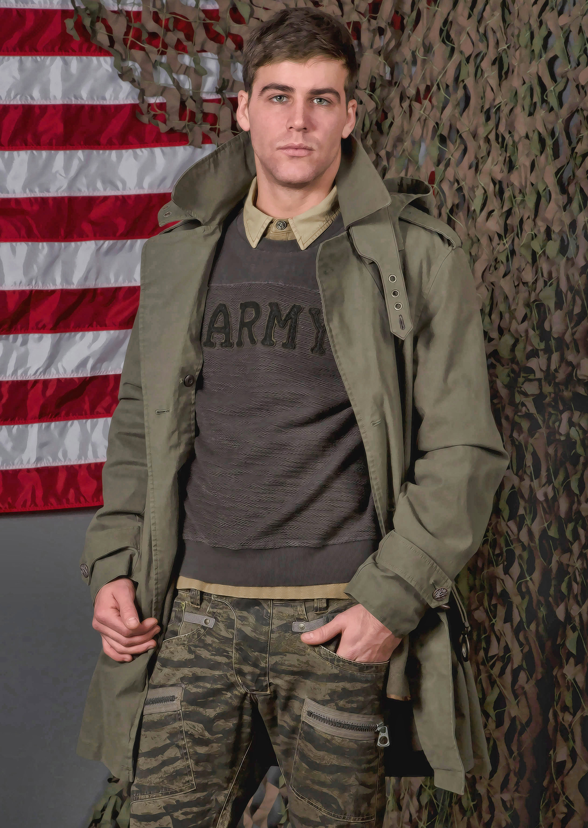 The sweatshirt is reminiscent of the early ARMY Football team's jersey with a saddle shoulder, yet updated with contrasted heavy weight uneven slubby loops exposed to the outside of the body.