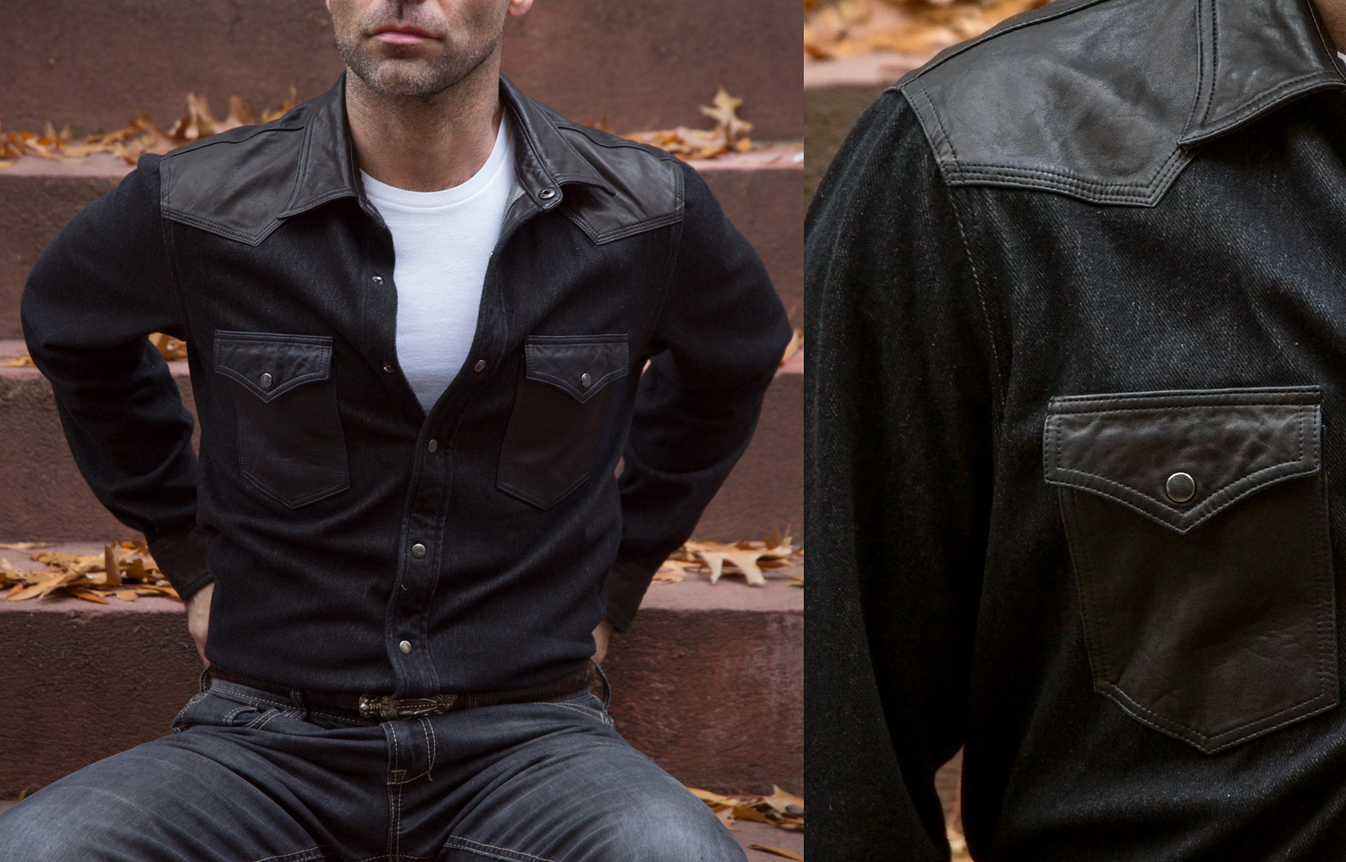 A washable leather trimmed shirt made from a knit that looks like denim. Wear as a shirt, or an over shirt.