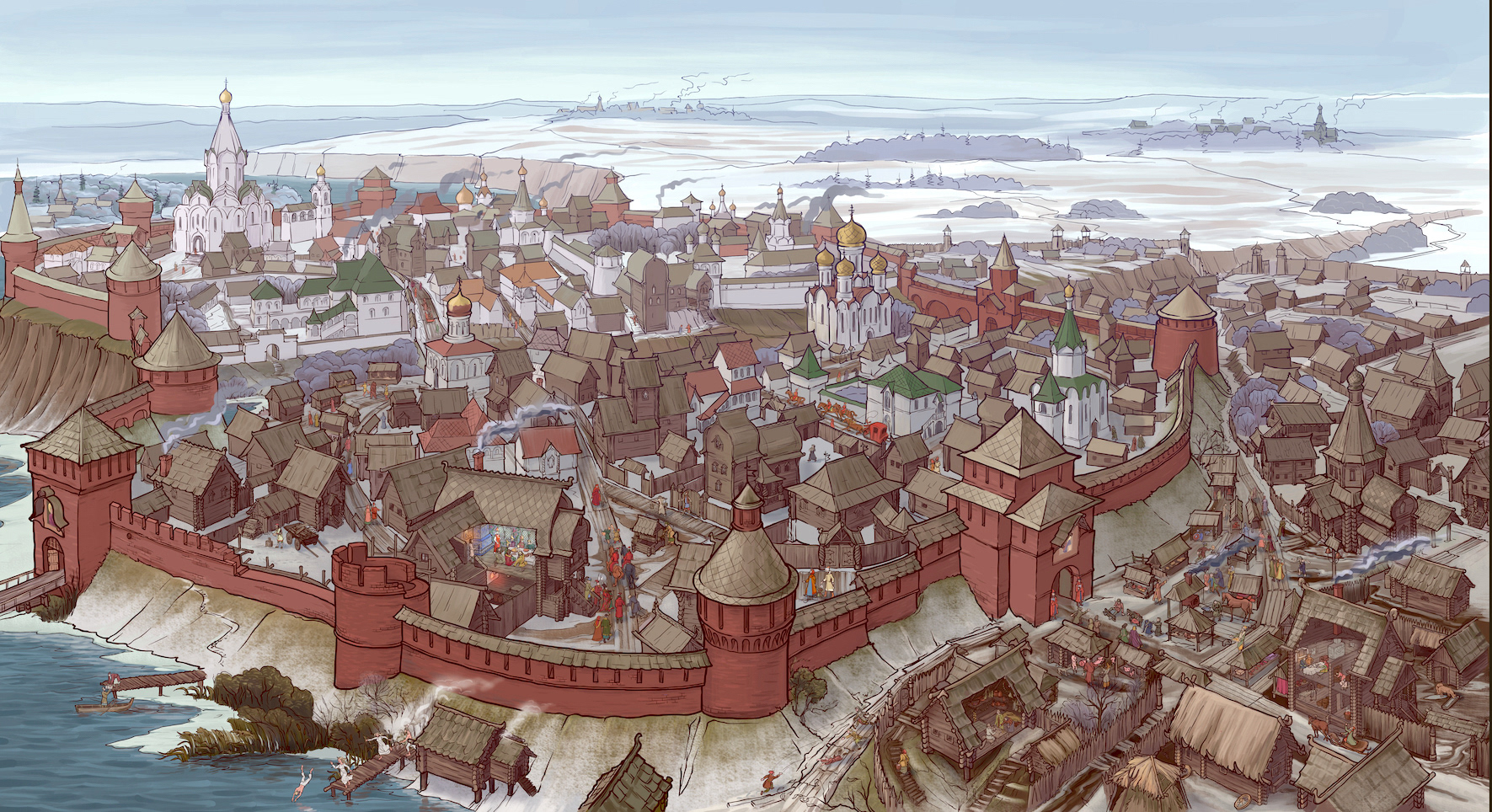 Russian City in 16th century. Book spread illustration