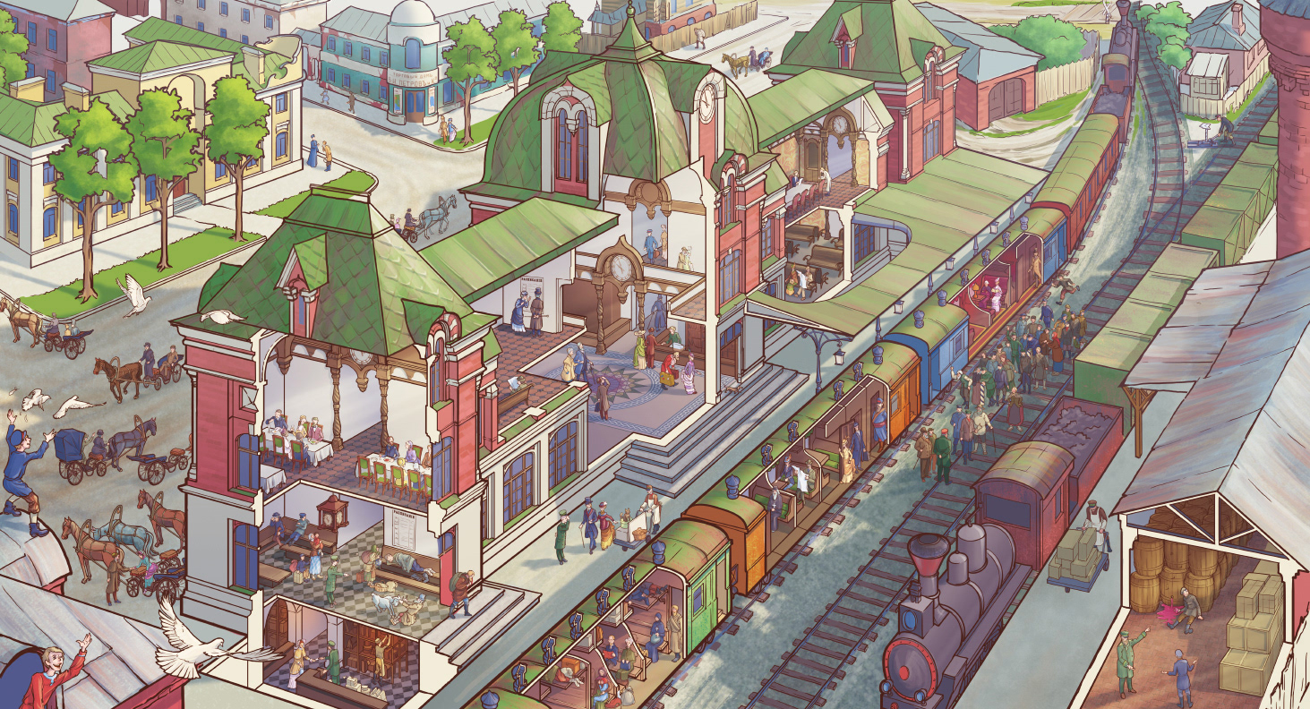Russian City in the late 19-th century. Railway Station. Book spread illustration