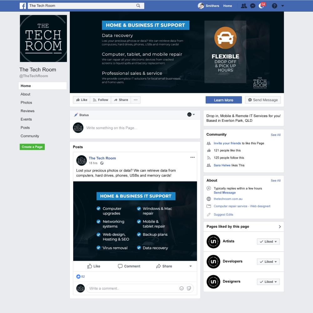 Facebook page collateral. Profile photo, cover and posting example