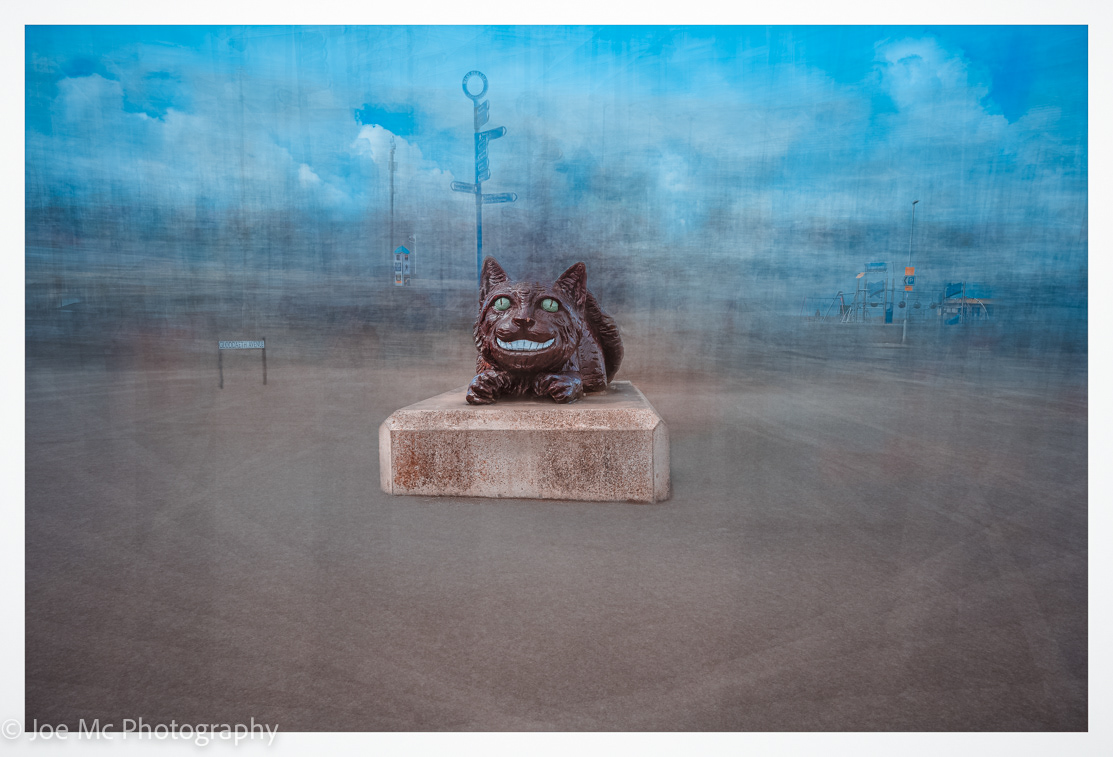The Cheshire Cat Statue is located behind the West Shore Beach on Gloddaeth Avenue.
