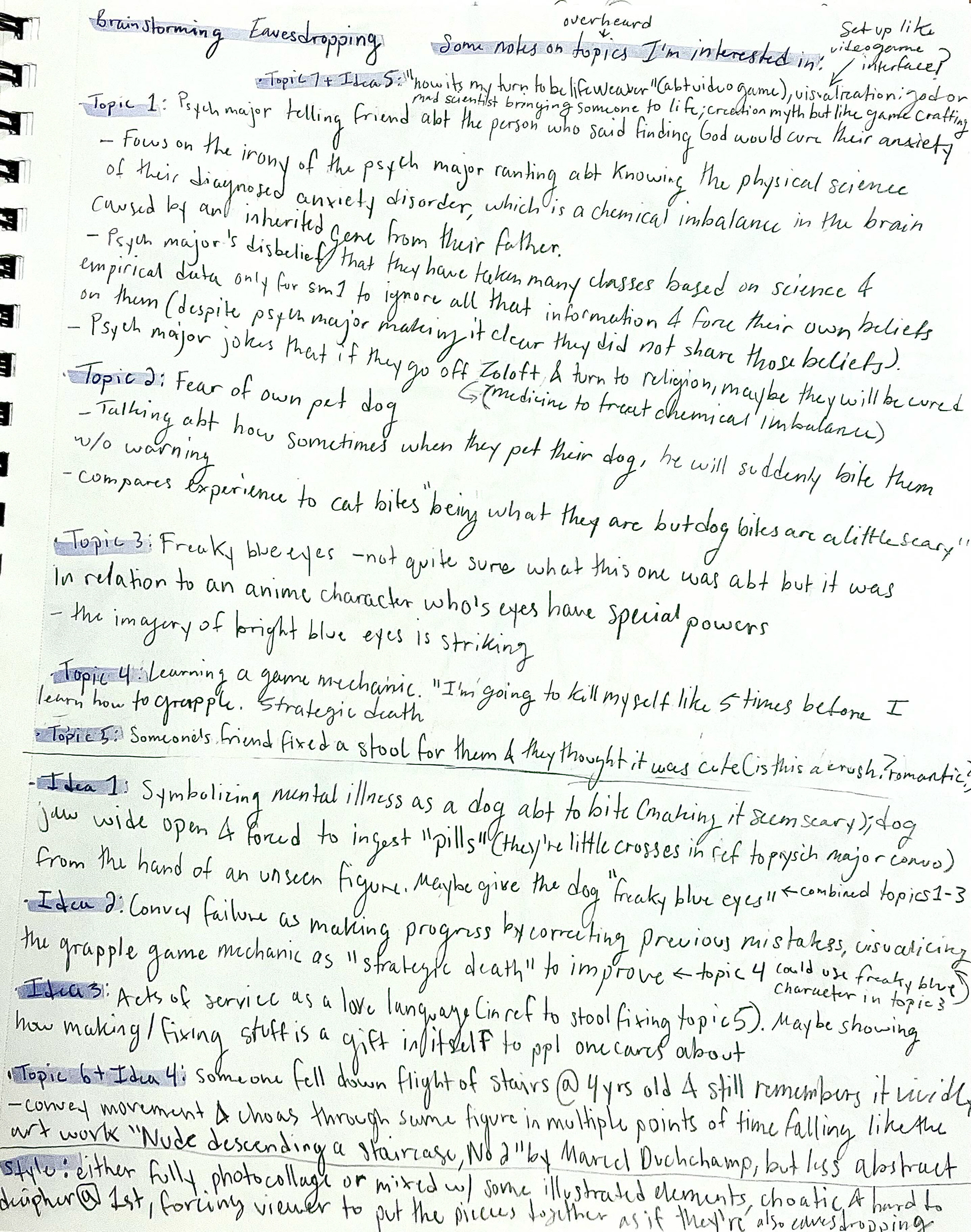 The different topics I narrowed down to from my notes while eavesdropping on conversations.