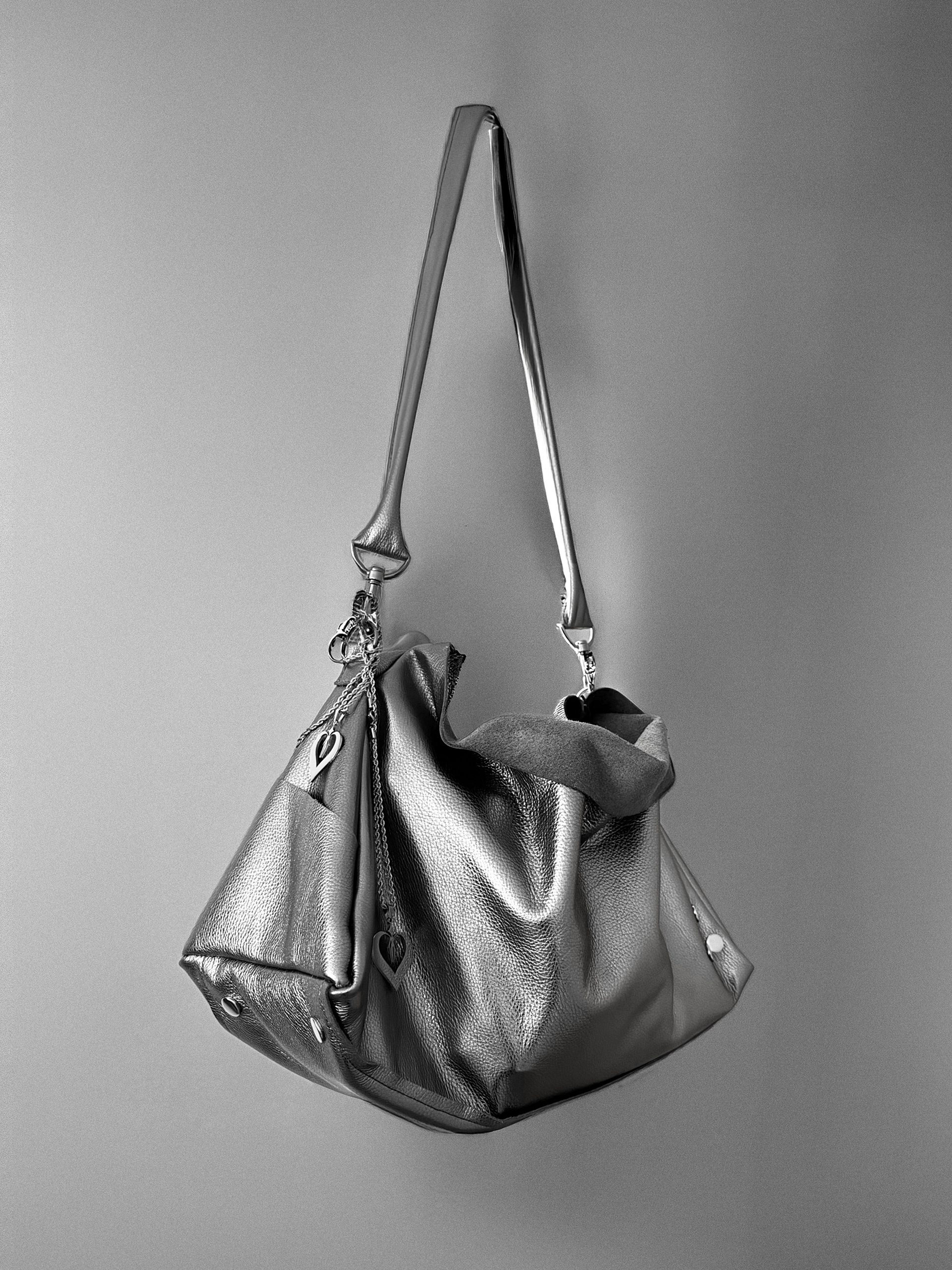 Silver Lambskin Bag with Custom Steel Pendants