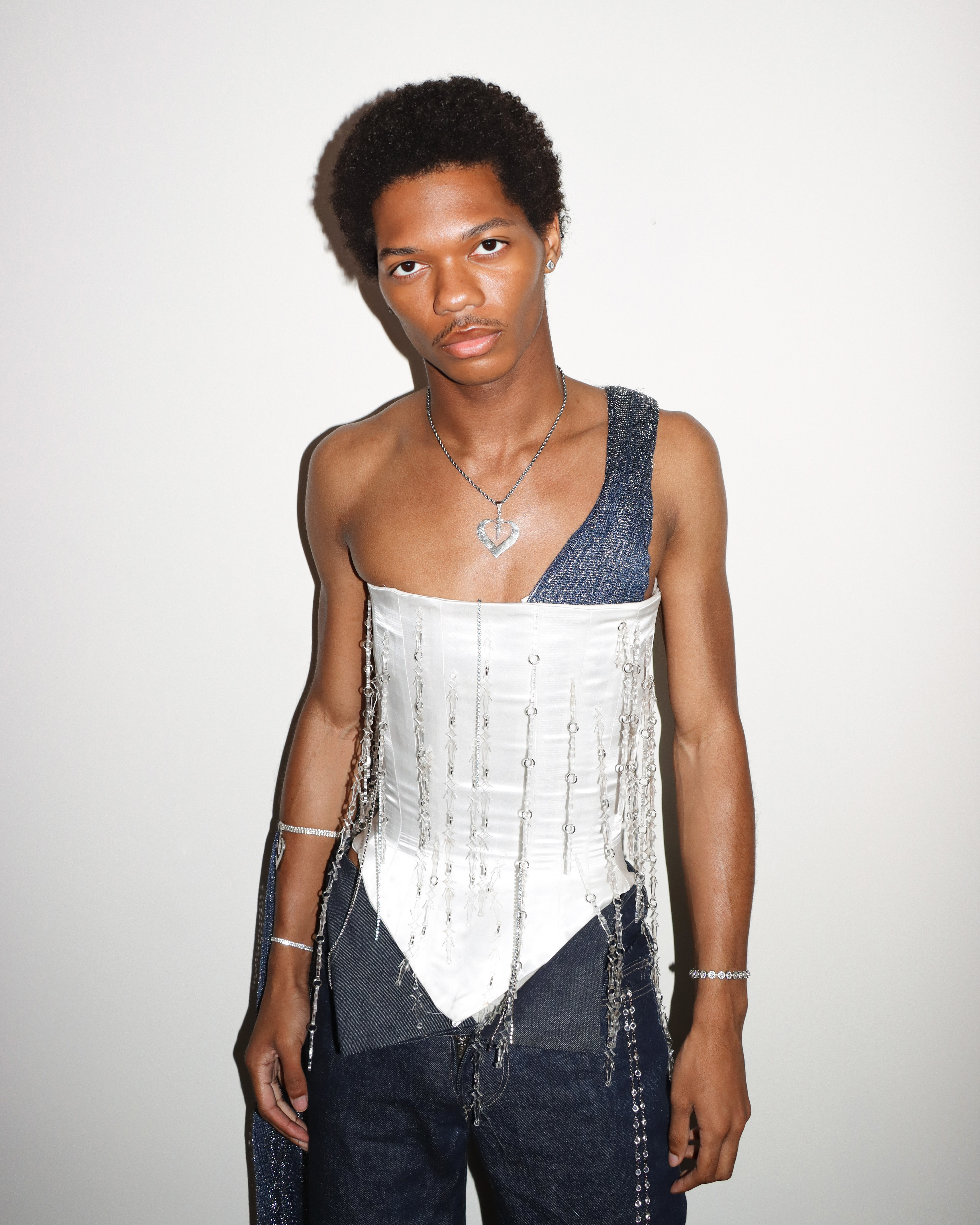 Steel-Boned Corset with Laser Cut Acrylic Detailing & Lapel Denim Jeans