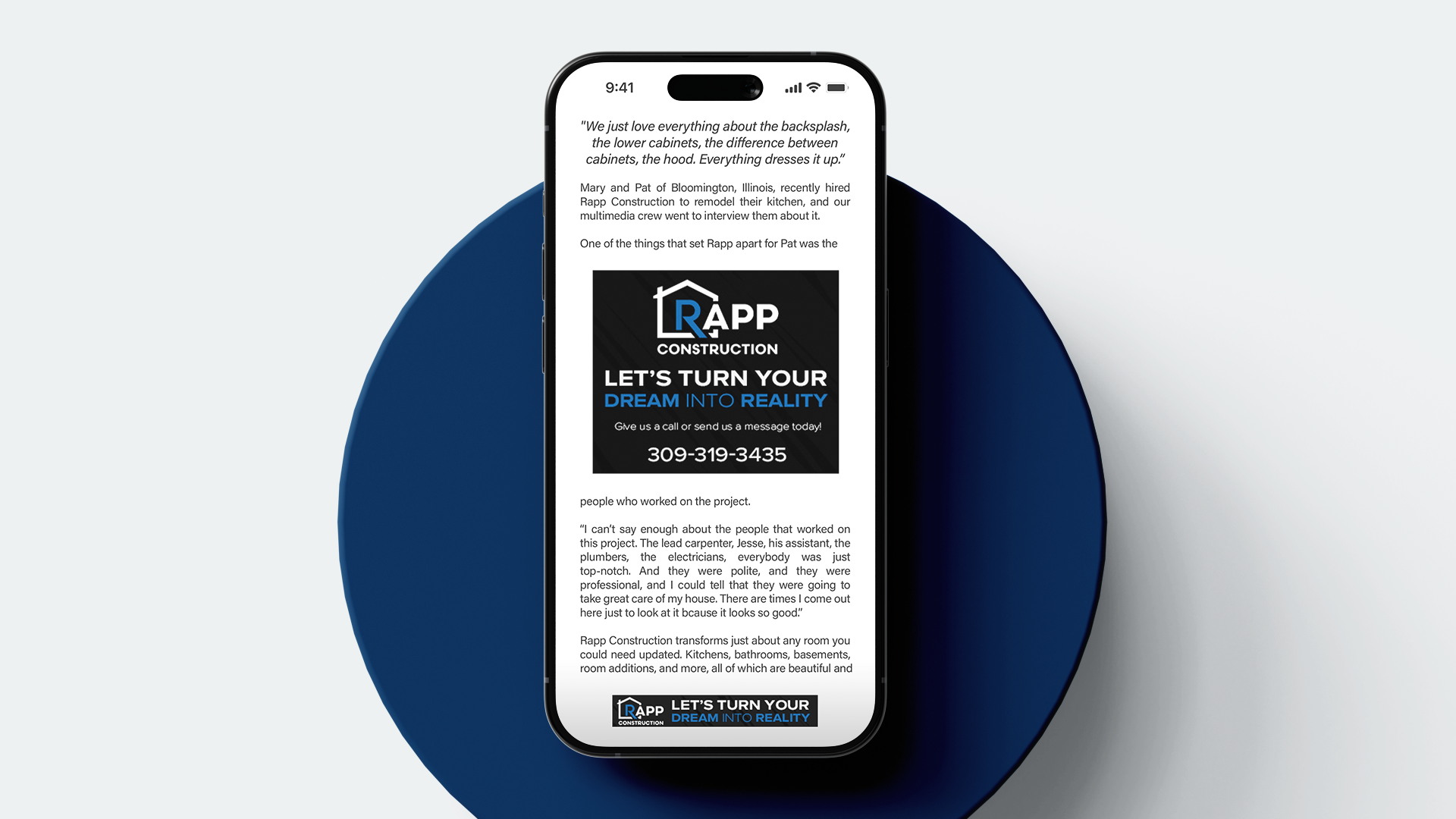 Mockup for web banners created for Rapp Construction, with quotes taken from testimonials I recorded