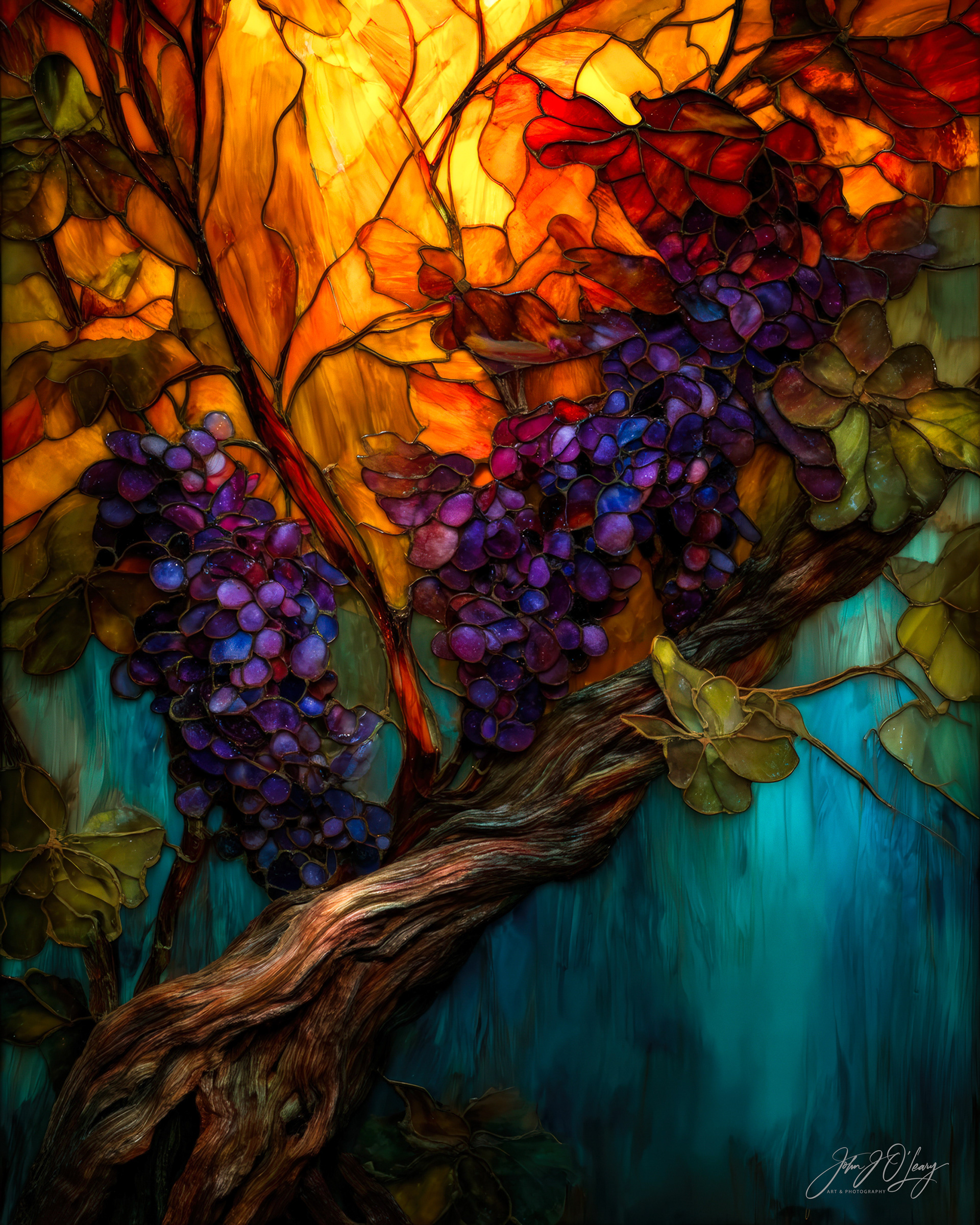 GRAPEVINE IN STAINED GLASS AND WOOD