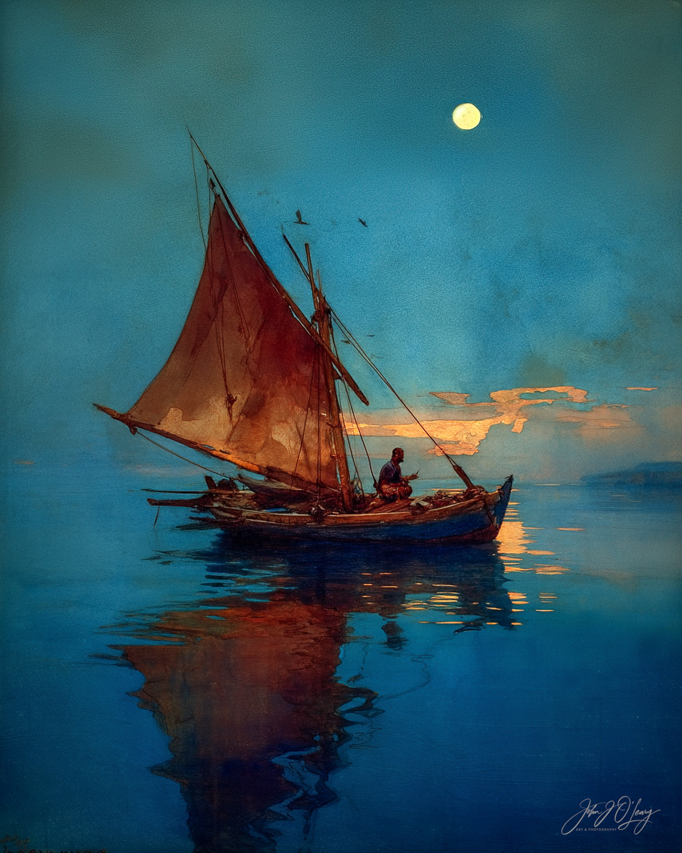  LONE FISHERMAN RETURNING TO PORT