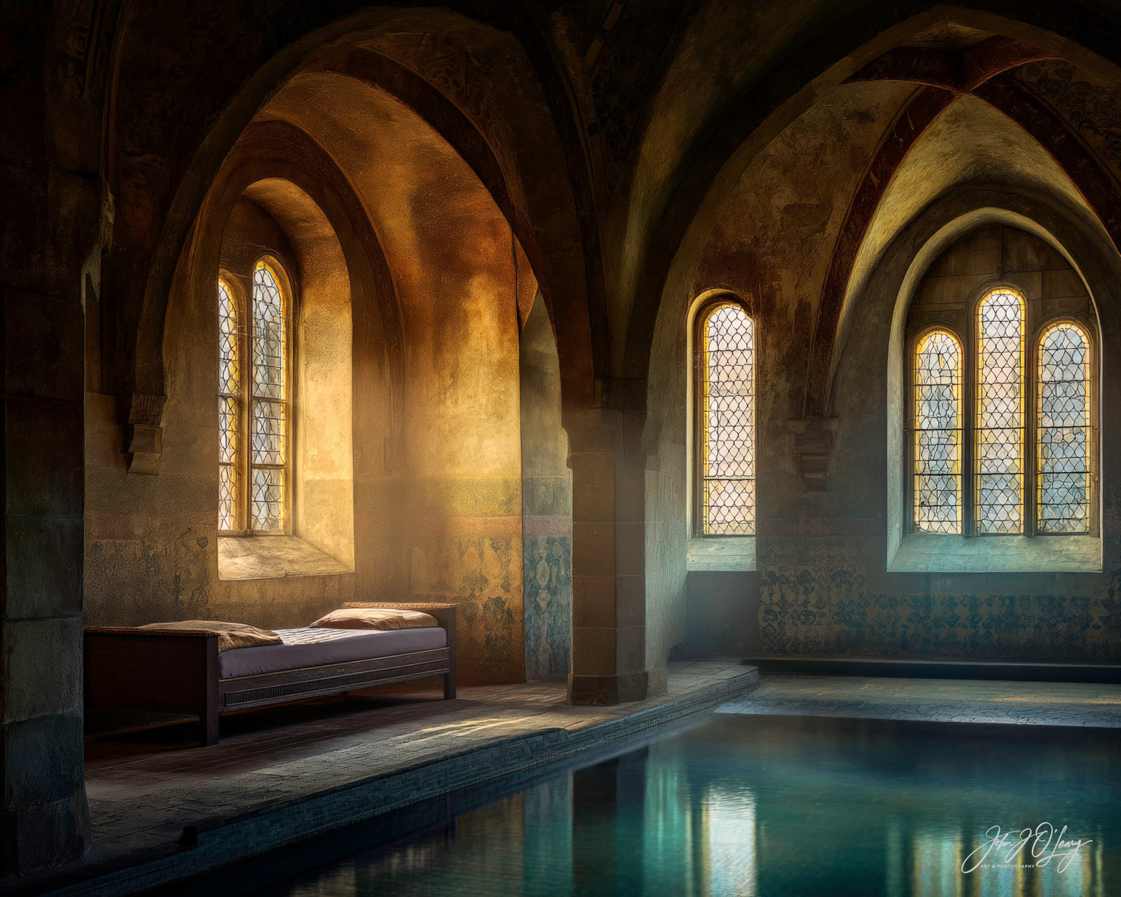 BED WITH POOL AND STAINED GLASS