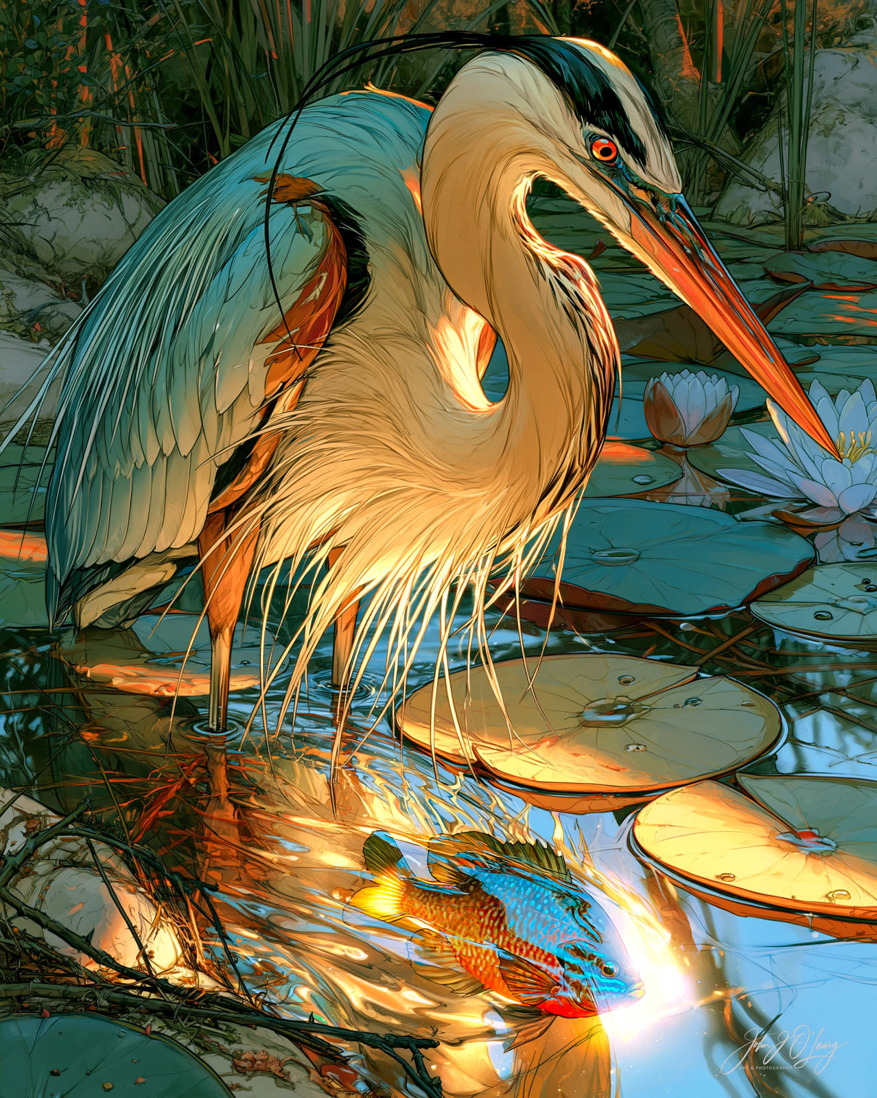 GREAT BLUE HERON AND BLUEGILL