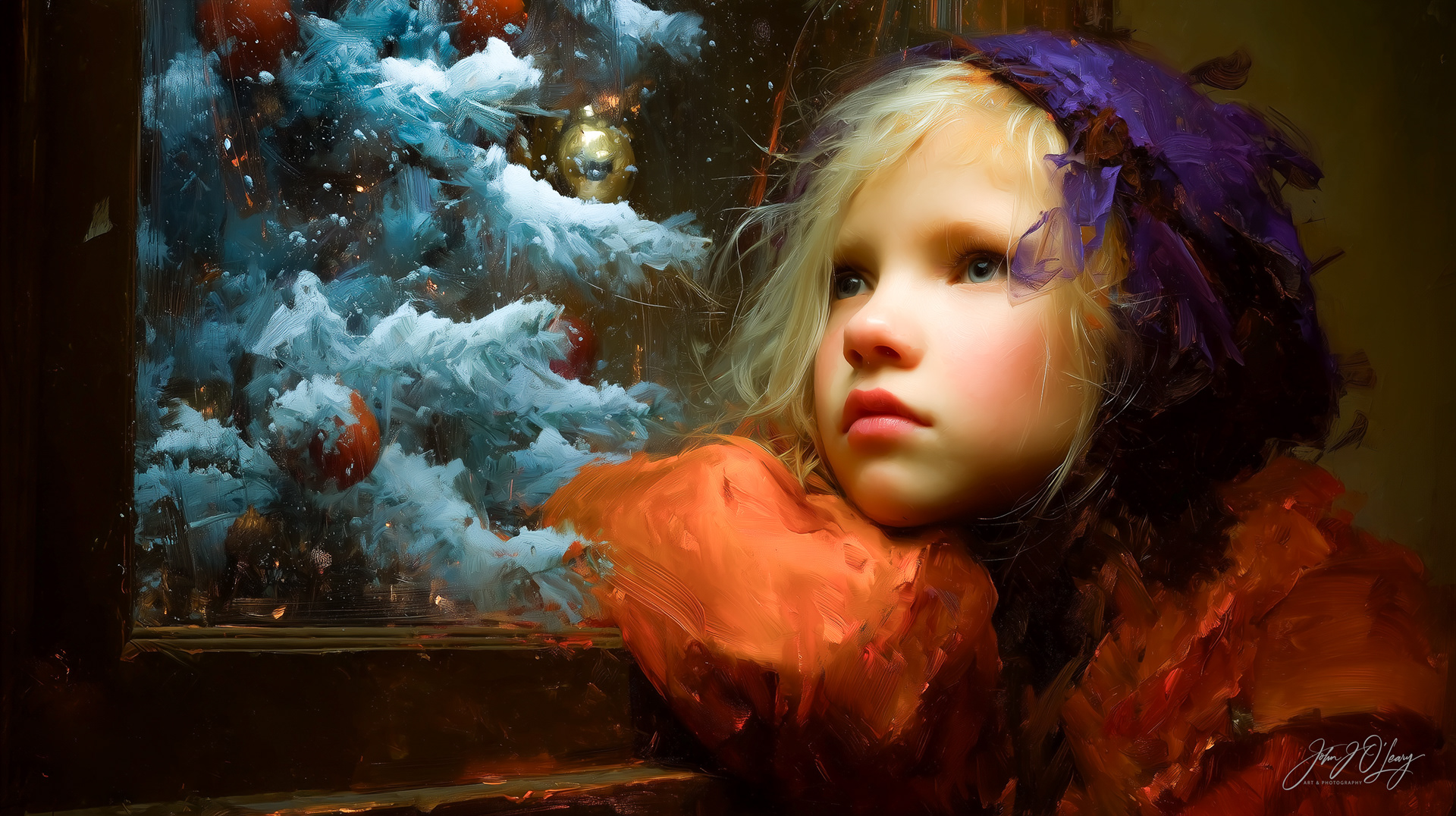 YOUNG GIRL GAZING AT A TREE OUTSIDE