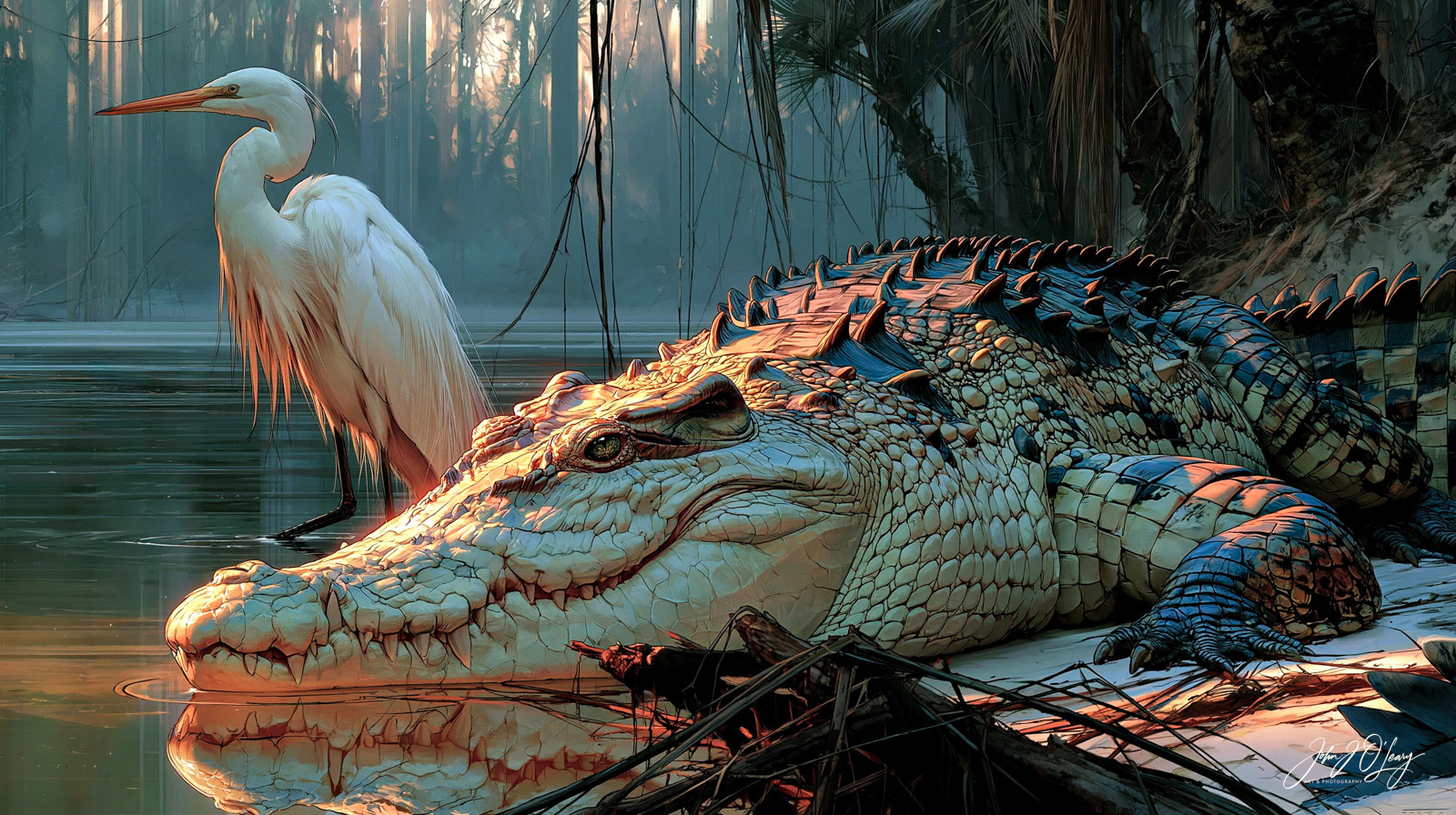 NILE CROCODILE AND GREAT EGRET