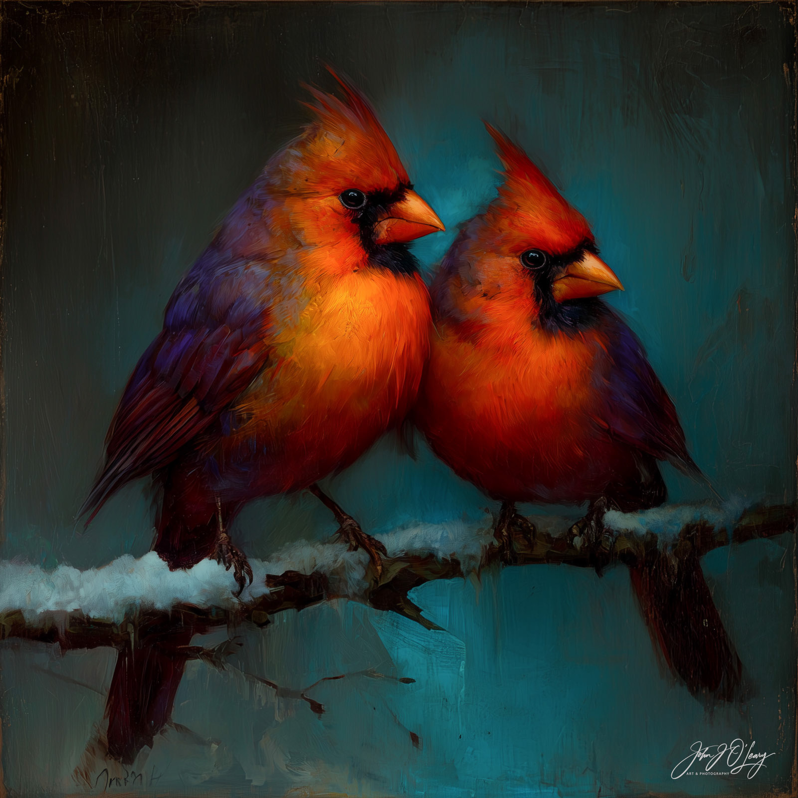 CARDINALS ON SNOW-COVERED BRANCH