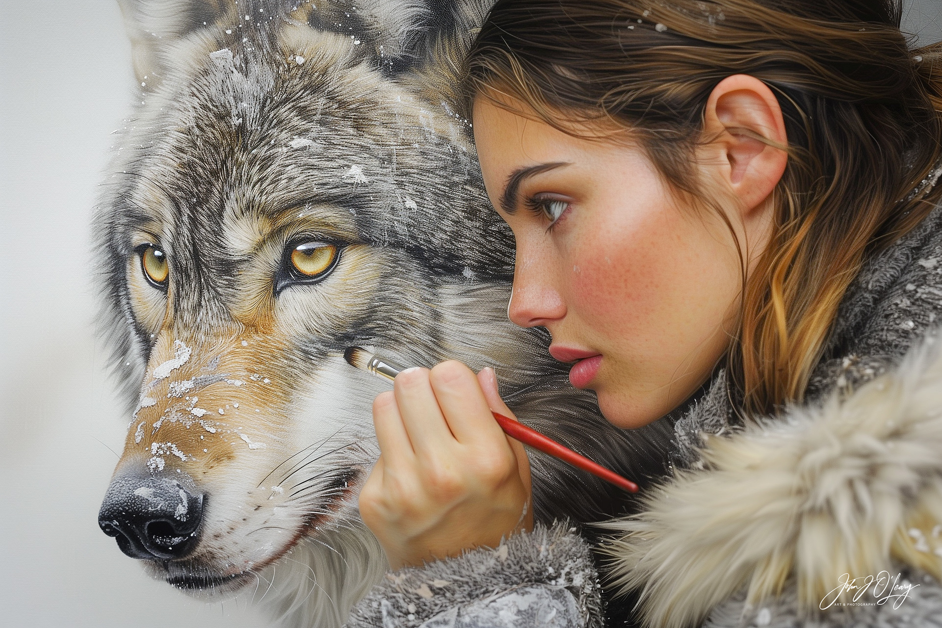 ARTIST ADDING FINISHING TOUCHES TO A WOLF