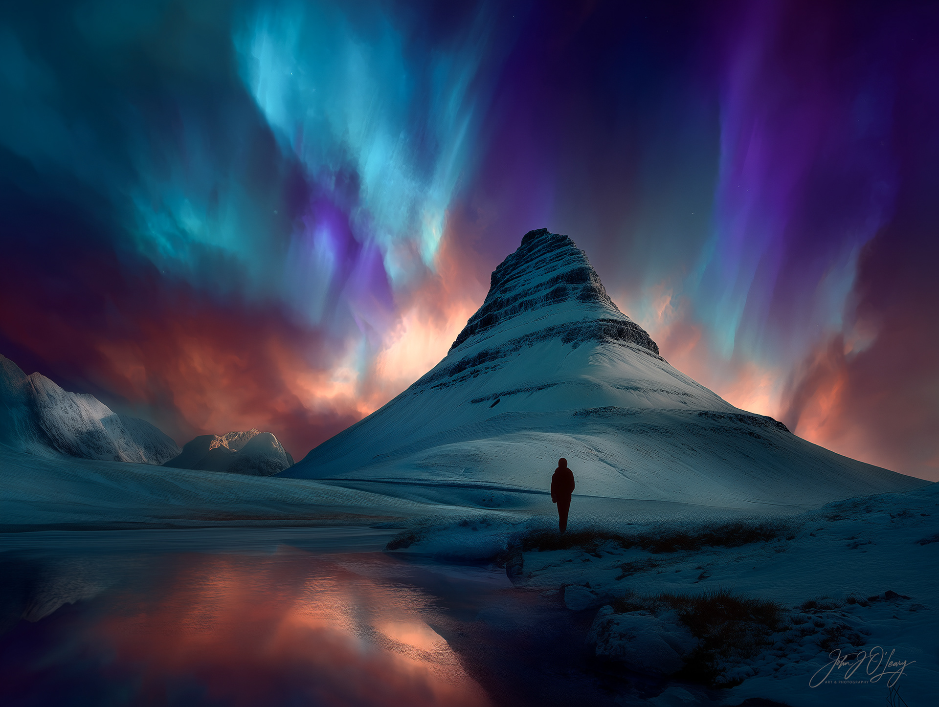 CHURCH MOUNTAIN WITH NORTHERN LIGHTS IN ICELAND