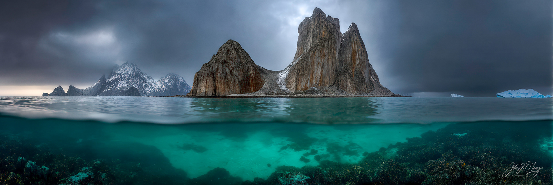 RUGGED ISLAND WITH SPLIT VIEW OF OCEAN