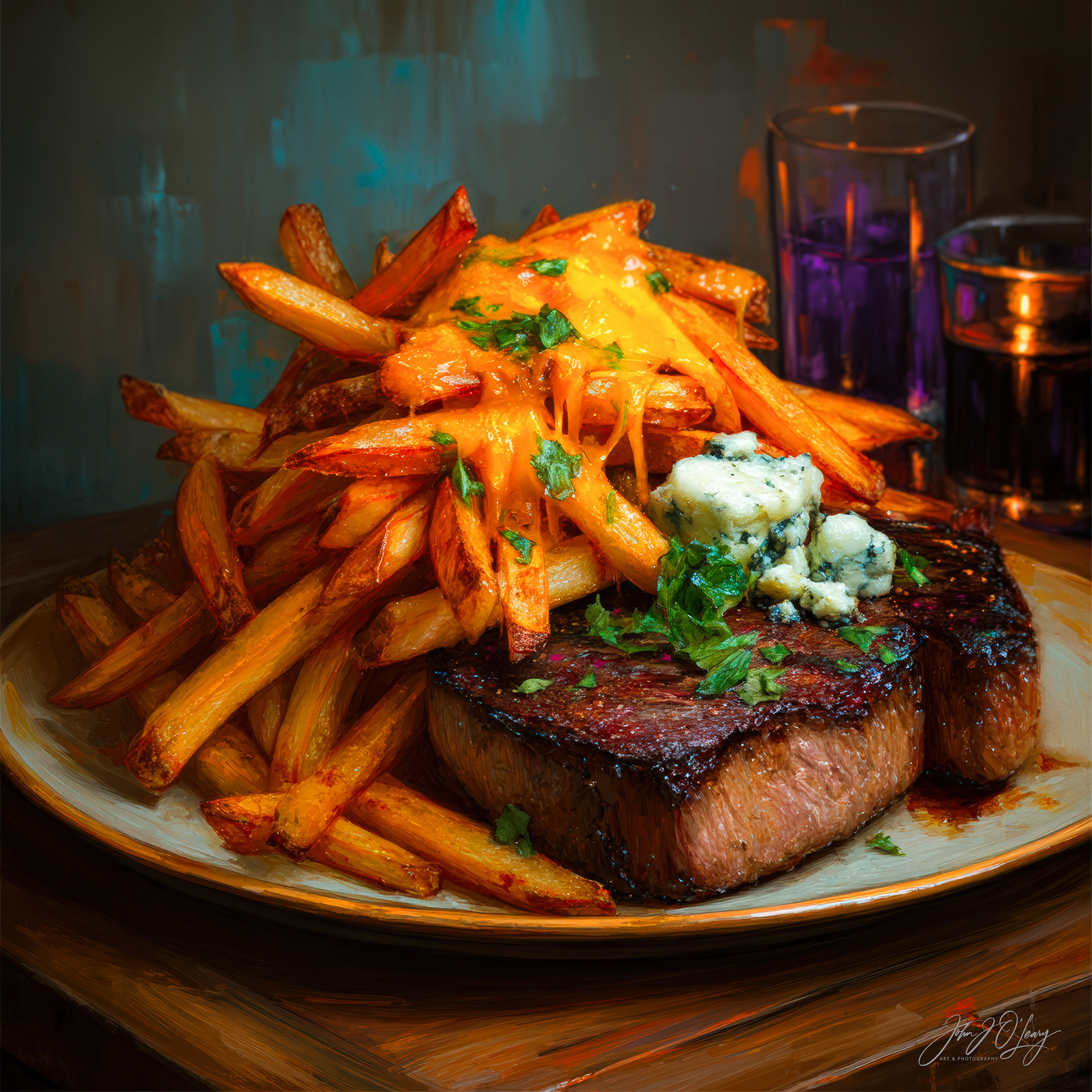 STEAK WITH FRIES AND BLUE CHEESE
