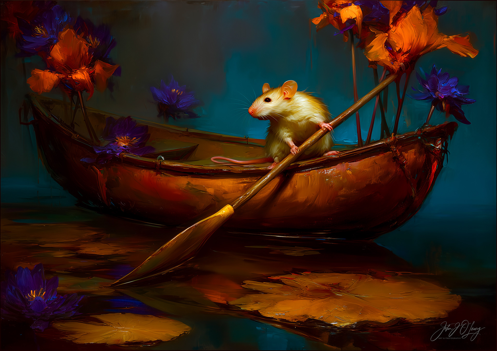 MOUSE PADDLING A TINY CANOE