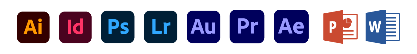 Adobe Logos: Illustrator, InDesign, Photoshop, Lightroom, Audition, Premiere, After Effects. Microsoft Logos: PowerPoint, Word