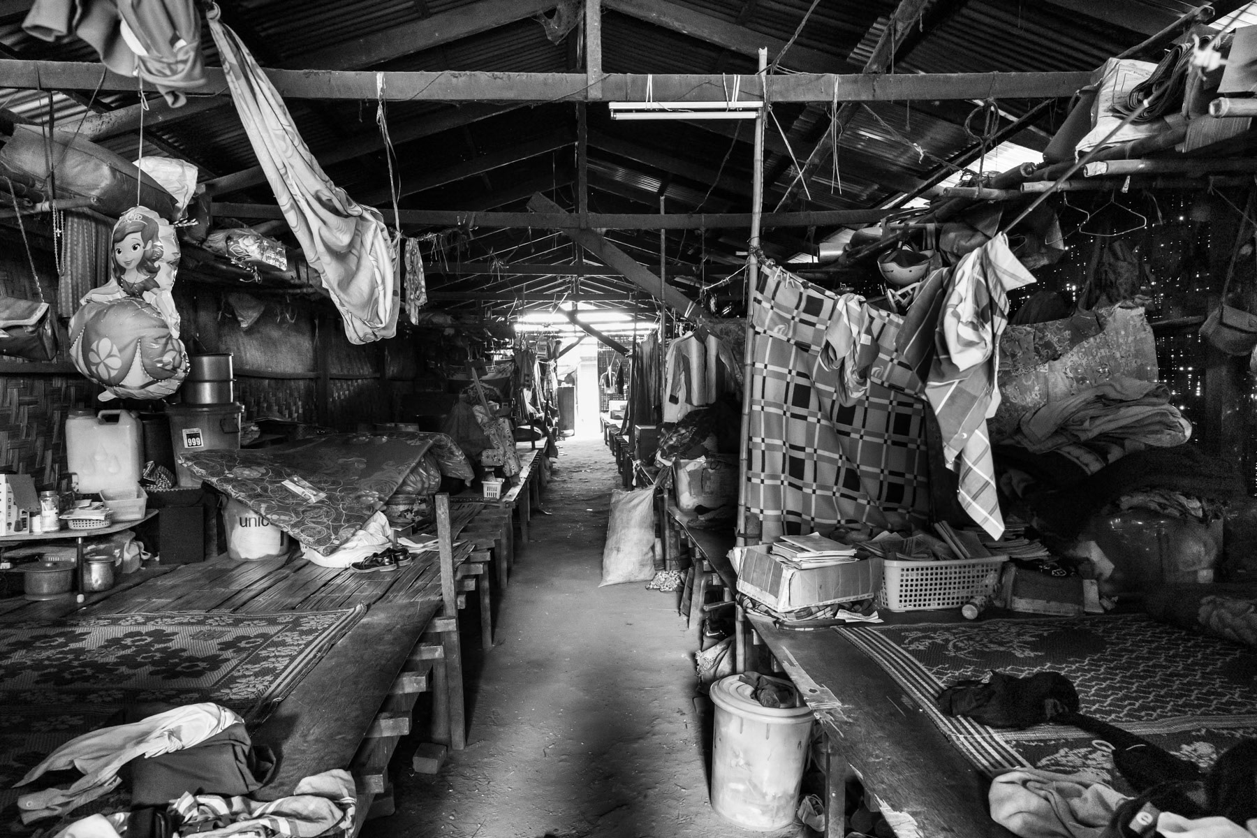 A collective shelter for internally displaced persons (IDP) in Kachin State. Most of the 430 IDPs come from 17 villages that are now located in the frontline area. IDPs live in this camp since 2011. KBC Compound Camp near Bhamo, Myanmar, January 2020