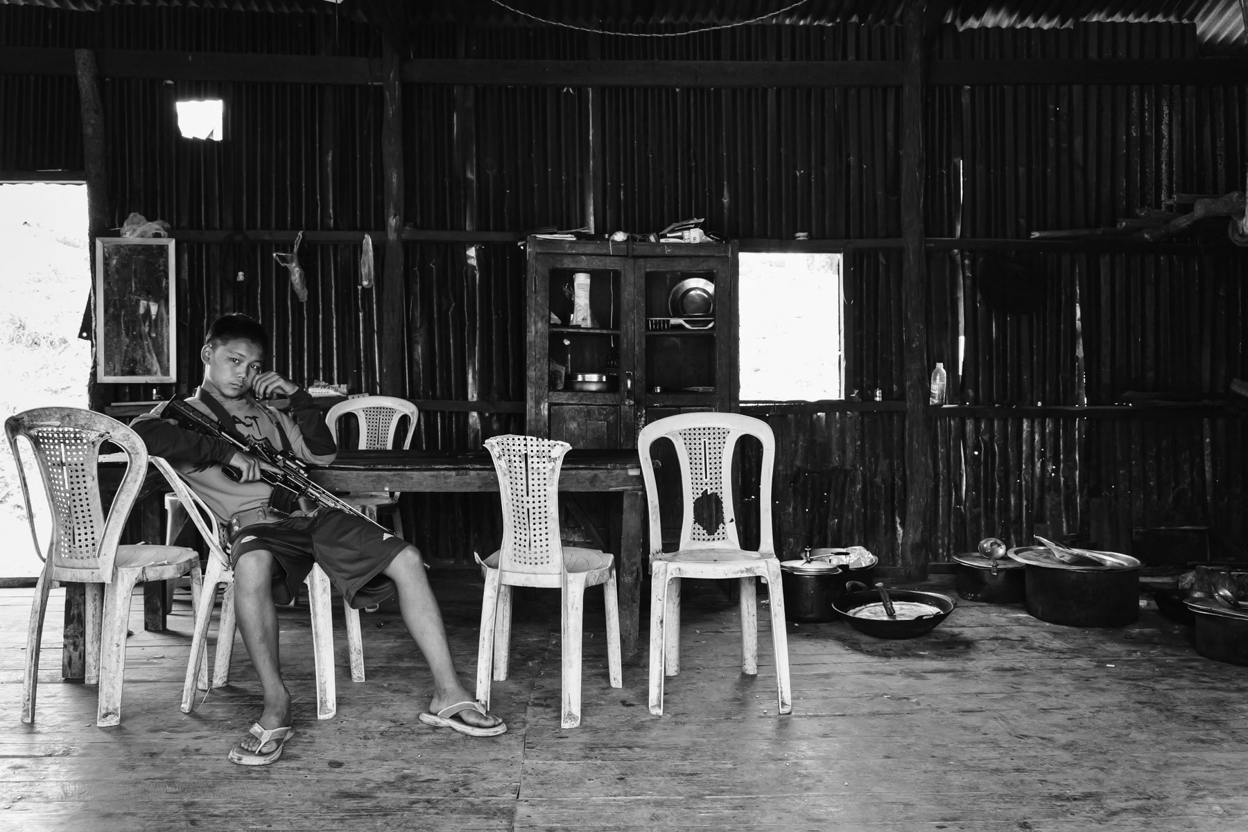 Chin Defense Forces (CDF) outpost in Thantlang. Vui Chip CDF outpost, Thantlang, Myanmar, April 2024