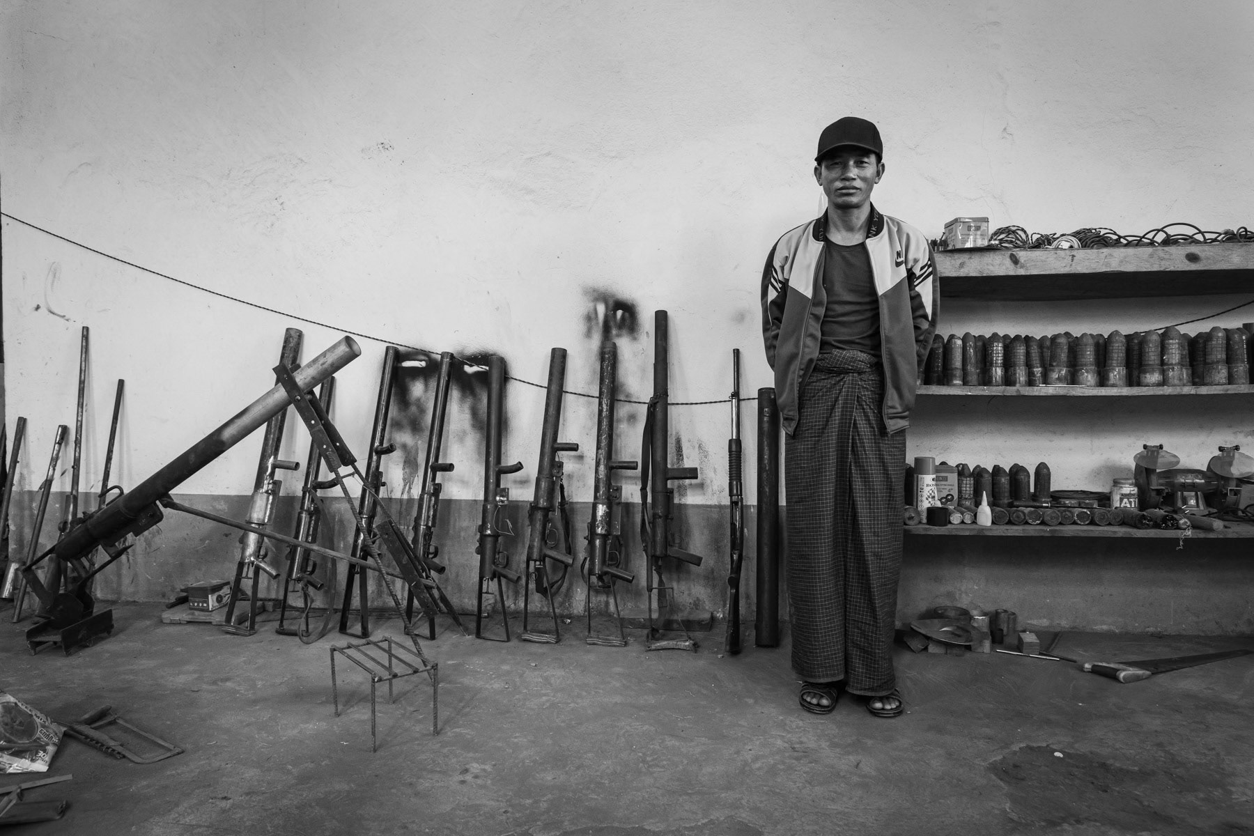Workshop for weapons, mortar, mines and rocket propelled grenades (RPG). Since the military coup and the uprising of People Defence Forces (PDF) and minority armed resistance groups many artisanal weapon workshops are appearing in those PDF controlled areas. Because of its rudimentary character many fatal accidents occur while operating the improvised devices. Undisclosed location in Myanmar, September 2022