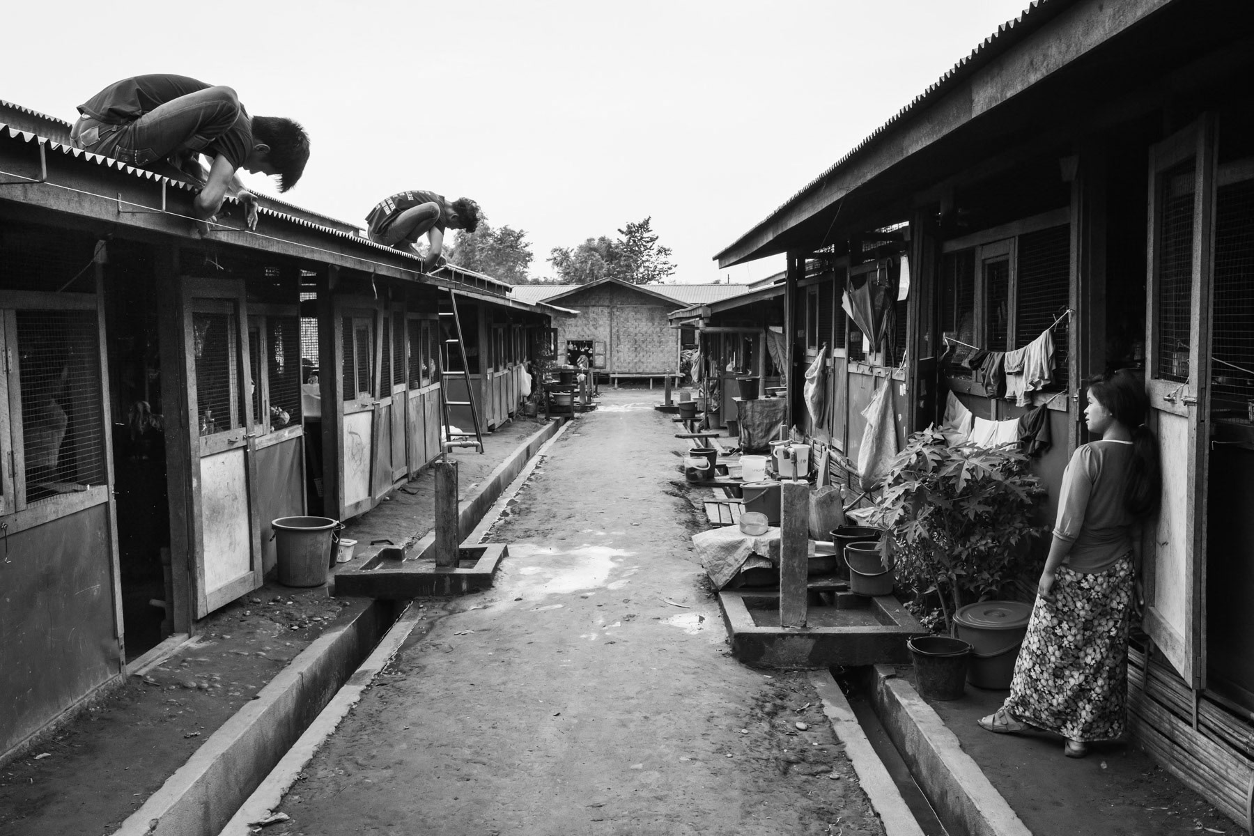 Kachin IDPs in St-Joseph IDP camp in the outskirts of Myitkyina. Over 100,000 Kachin are still displaced within Kachin State since the armed conflict resumed in 2011 between the Myanmar military and the Kachin Independence Army (KIA). Myitkyina township in government controlled territory, Myanmar, September 2019