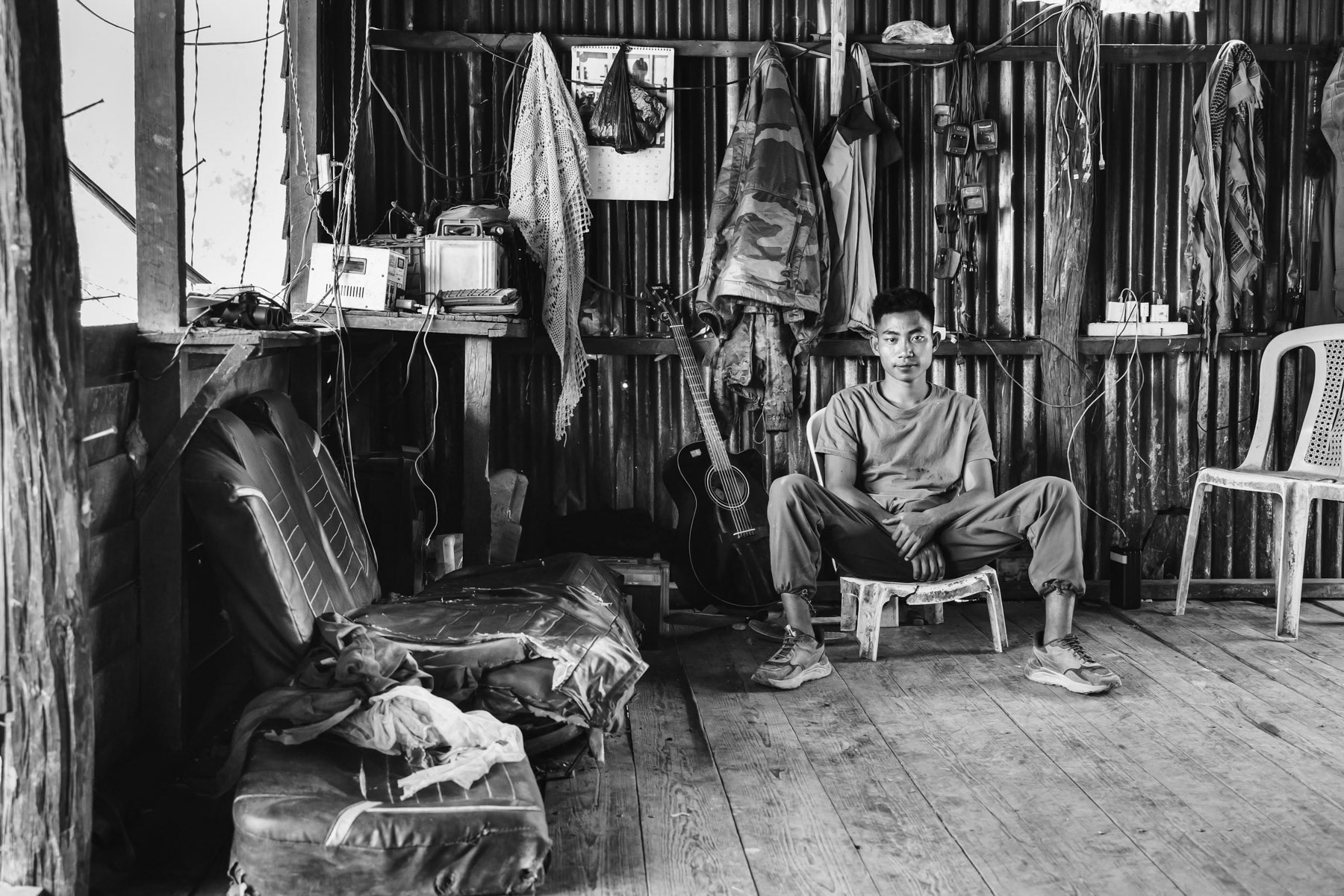 Member of the Chin Defense Forces (CDF). Vui Chip CDF outpost, Thantlang, Myanmar, April 2024