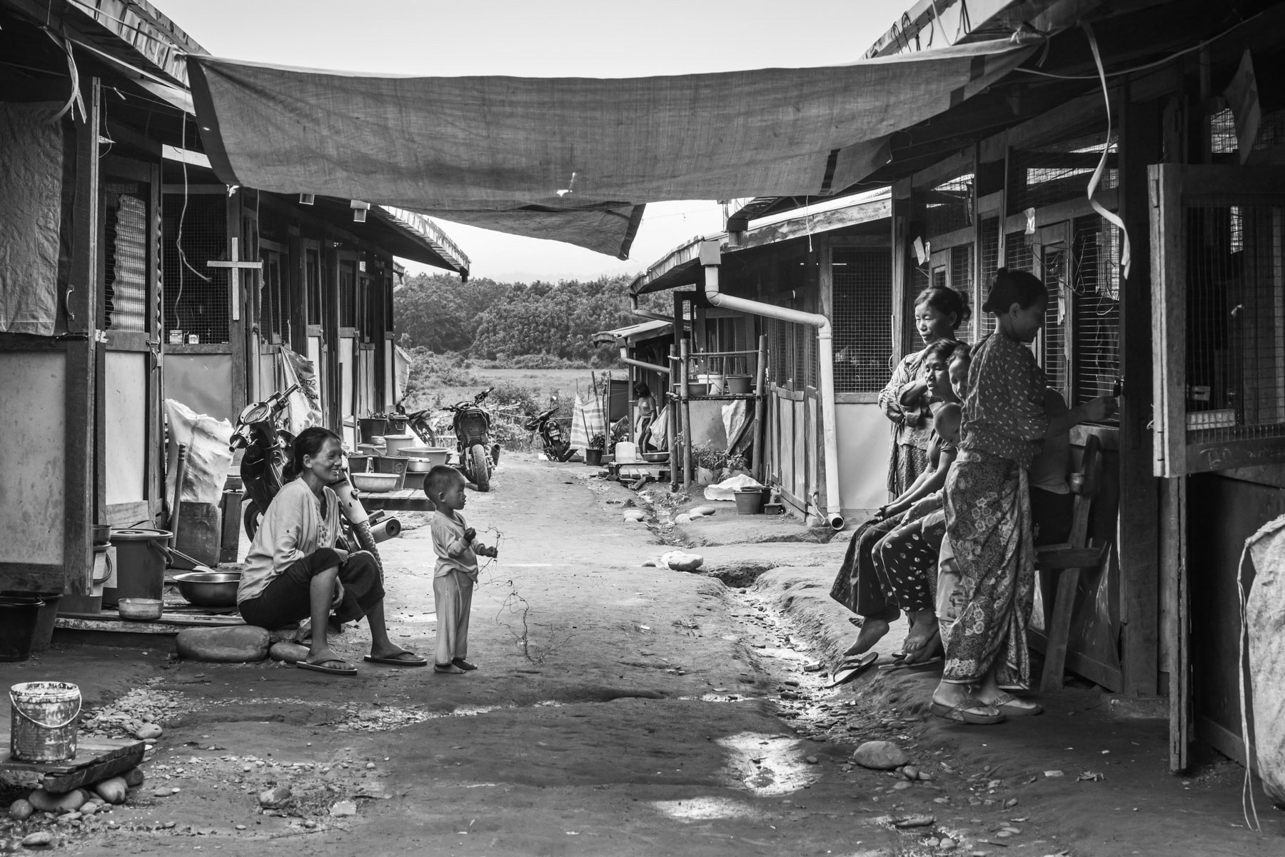 Kachin IDPs in St-Joseph IDP camp in the outskirts of Myitkyina. Over 100,000 Kachin are still displaced within Kachin State since the armed conflict resumed in 2011 between the Myanmar military and the Kachin Independence Army (KIA). Myitkyina township in government controlled territory, Myanmar, September 2019