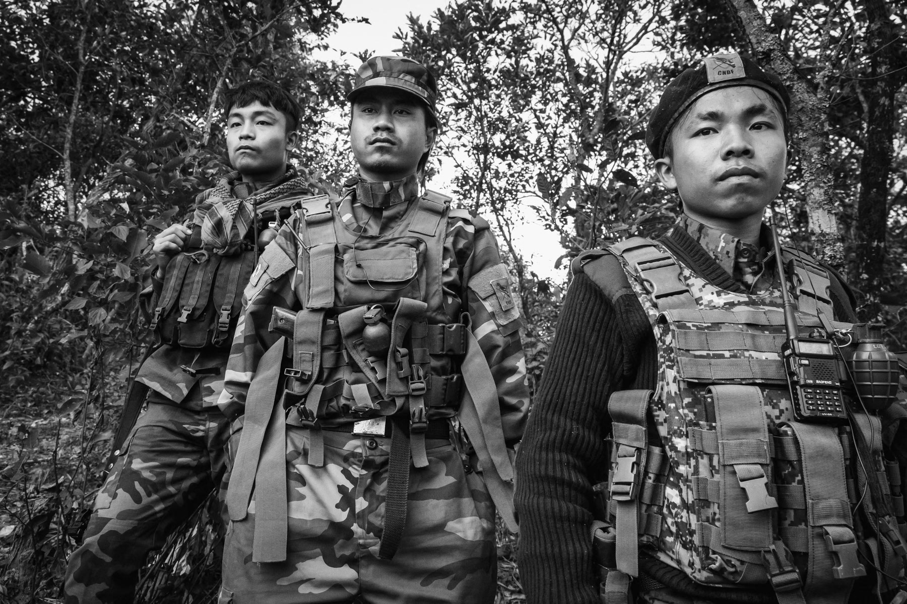 Chin National Defence Forces on a frontline facing a Myanmar military base in the mountains of Falam Township in Chin State. Since the military coup in Myanmar, people have taken up arms throughout the country to resist and defend themselves against atrocities committed by Tatmadaw, the Myanmar military who supressed civilian rule in February 2021. CNDF Frontline, Myanmar, November 2022