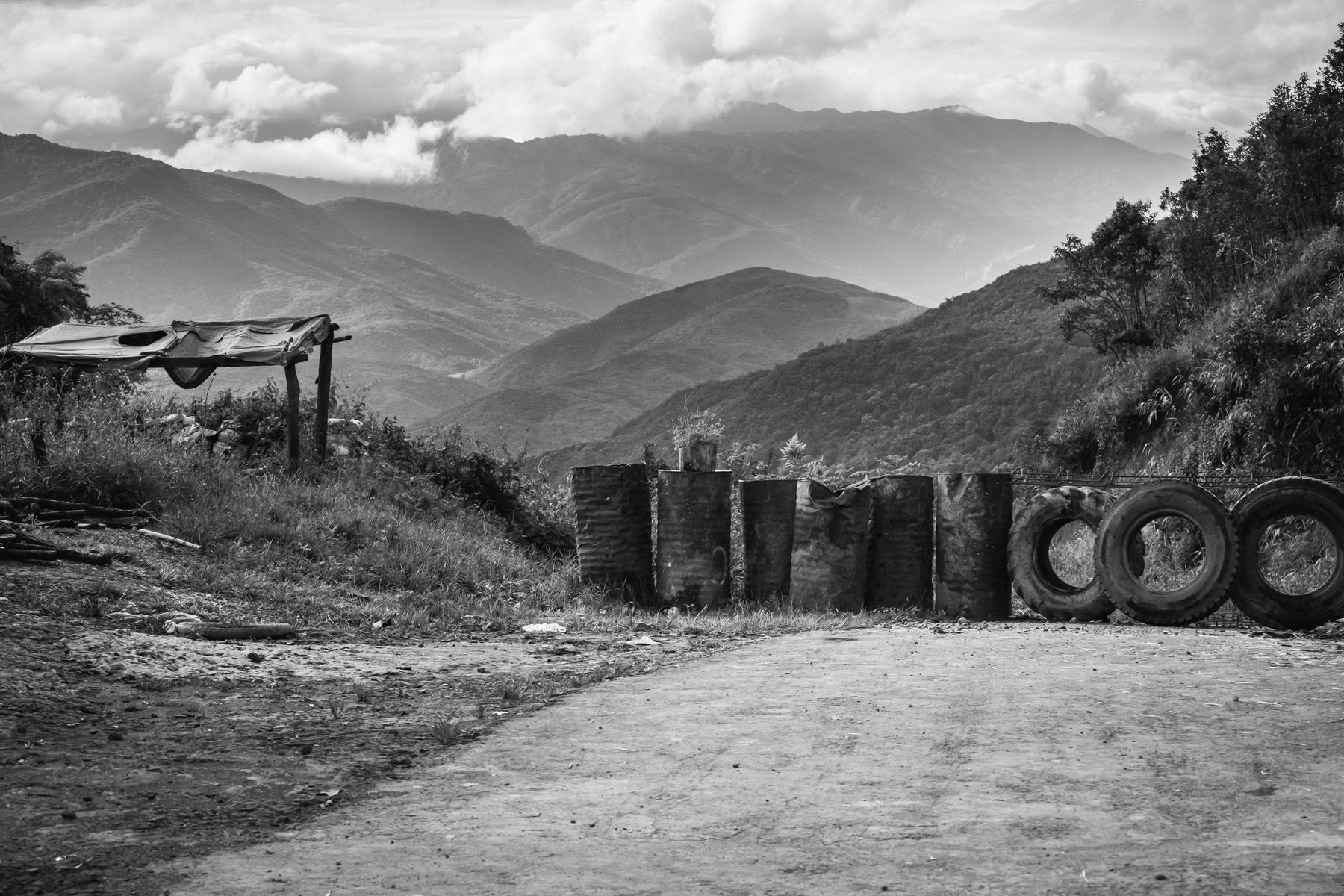 Chin Defence Forces (CDF) defence lines in the mountains surrounding Thantlang. A city where heavy fighting is taking place ever since the town was burnt and shelled by the Myanmar military. All civilian population has fled to nearby villages or India. Thantlang, Chin State, Myanmar, September 2022