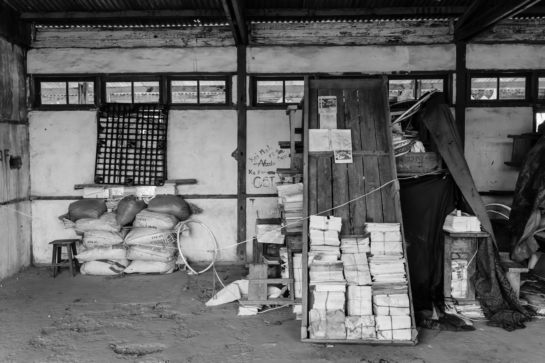 Chin National Army (CNA) and Chin Defense Forces (CDF) positions in a school on the frontline facing the Myanmar military a couple of hundred meters away. Thantlang downtown, Chin State, Myanmar, April 2024
