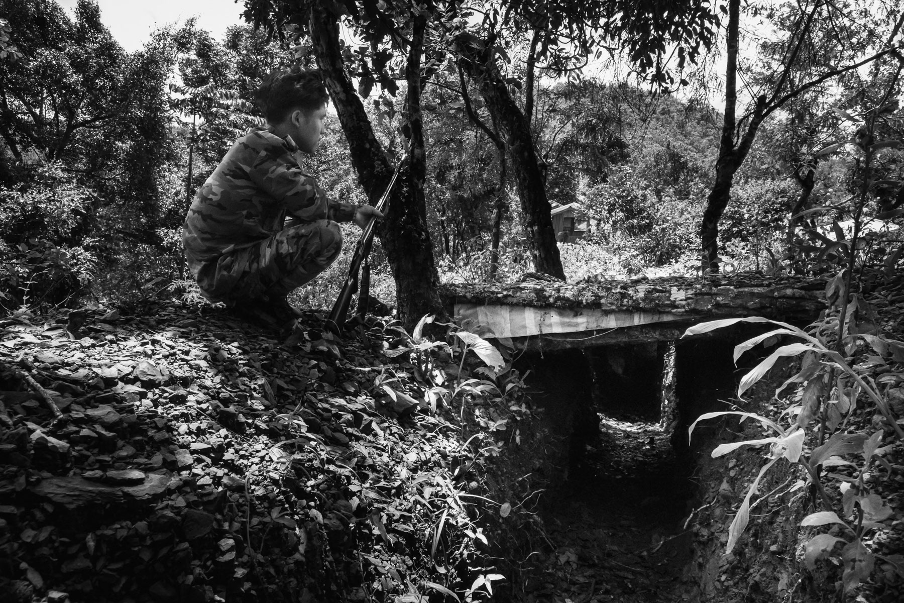 Chin Defence Forces (CDF) manning defensive lines in the mountains of Lautu region protecting vital access roads. Lautu in Chin, Burma, September 2022