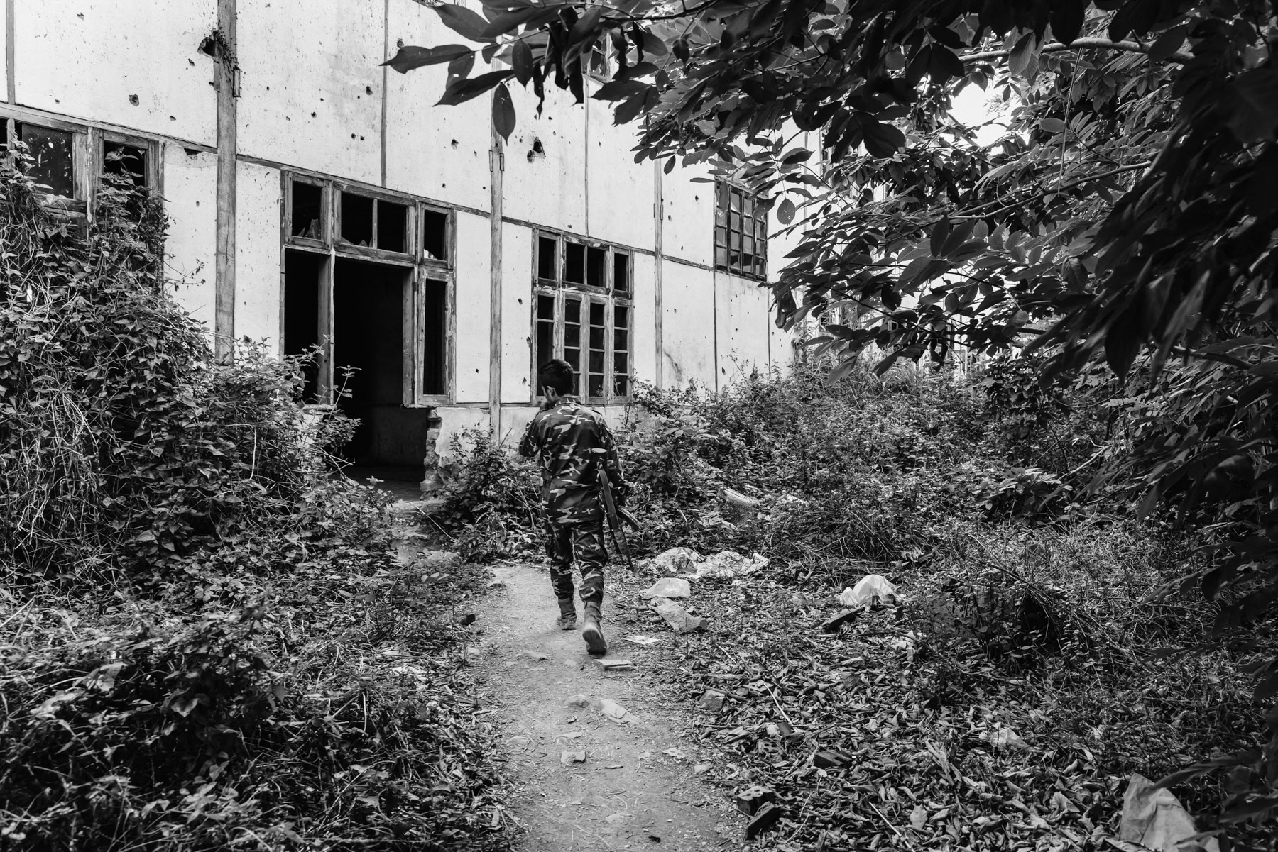 School building on the frontline in downtown Thantlang. Chin State, Myanmar, April 2024