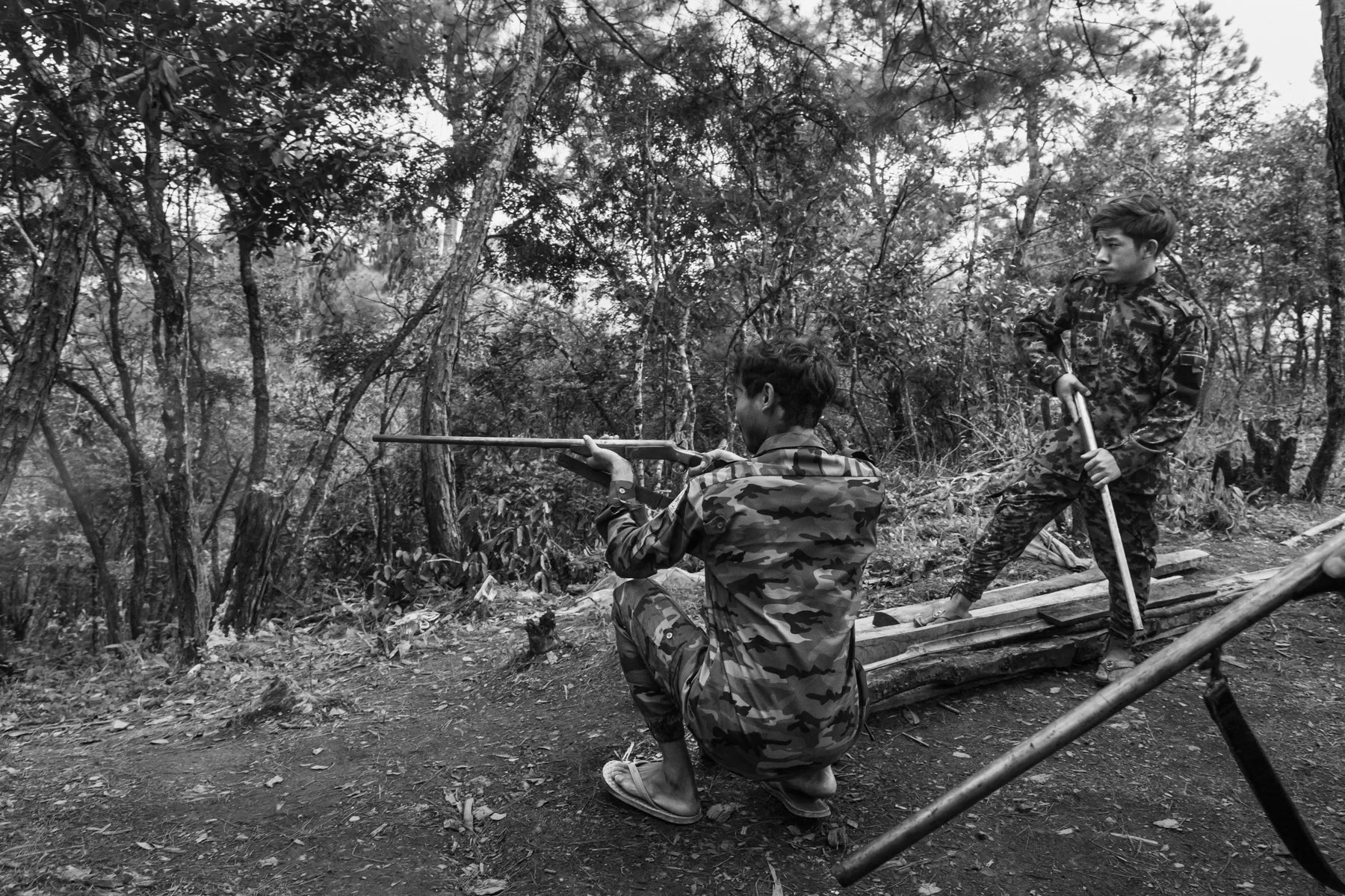 Chin Defence Force (CDF) unit in an advanced mountain camp controlling access roads to the region. Lautu region, Chin State, Burma, September 2022