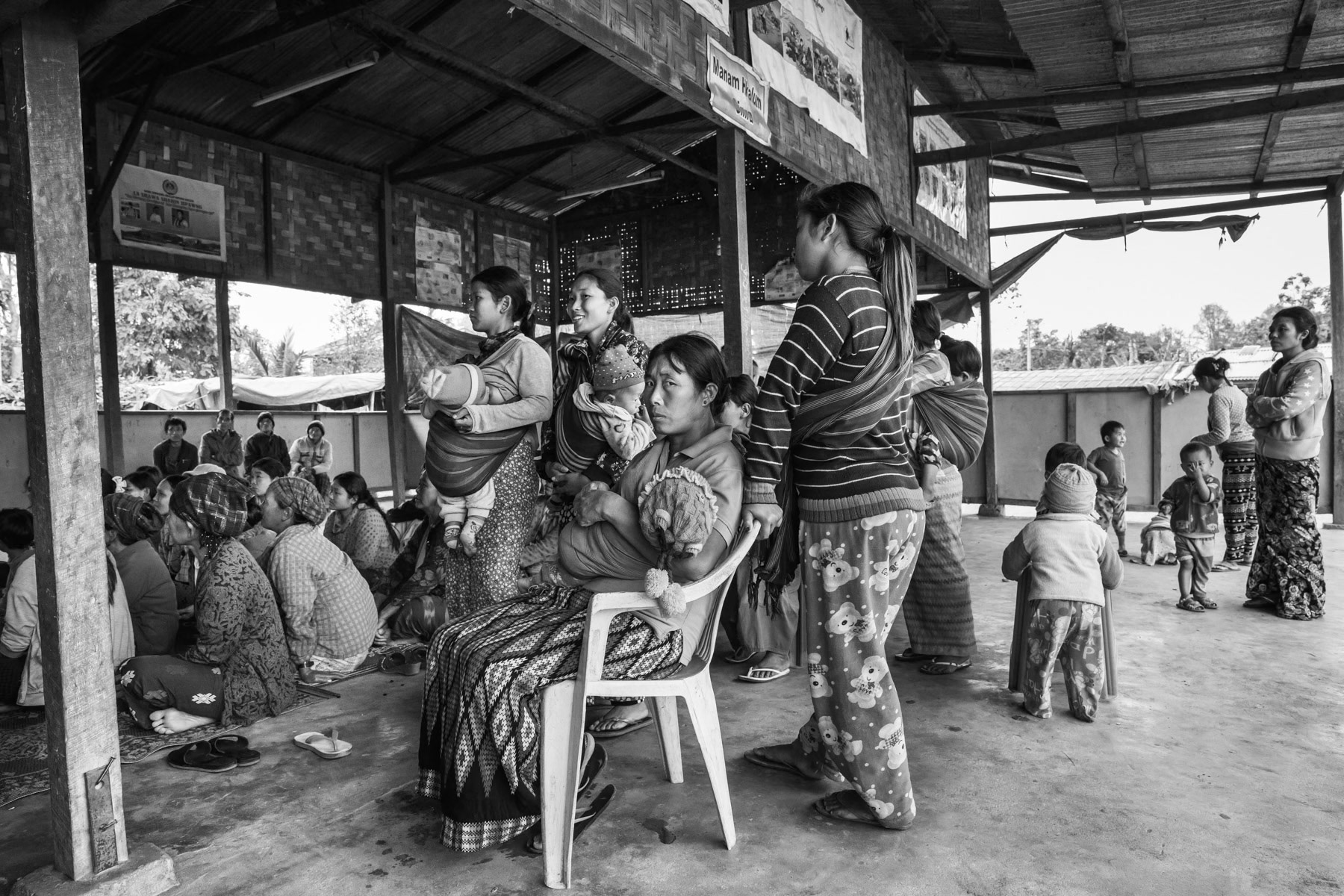 Kachin Women attending a mother and child healthcare workshop in a camp for internally displaced persons. Over 100,000 Kachin are displaced within the Kachin State since the armed conflict resumed in 2011 between the Myanmar military and the Kachin Independence Army (KIA). Jan Mai Kuang IDP camp near Myitkyina in government controlled territory, Myanmar, March 2019