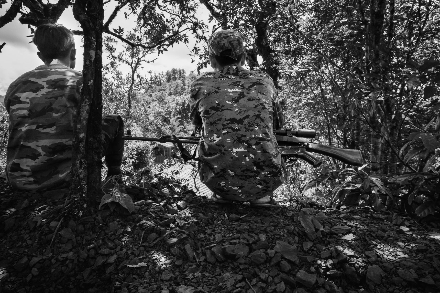 Chin Defence Forces (CDF) manning defensive lines in the mountains of Lautu region protecting vital access roads. Lautu in Chin, Burma, September 2022