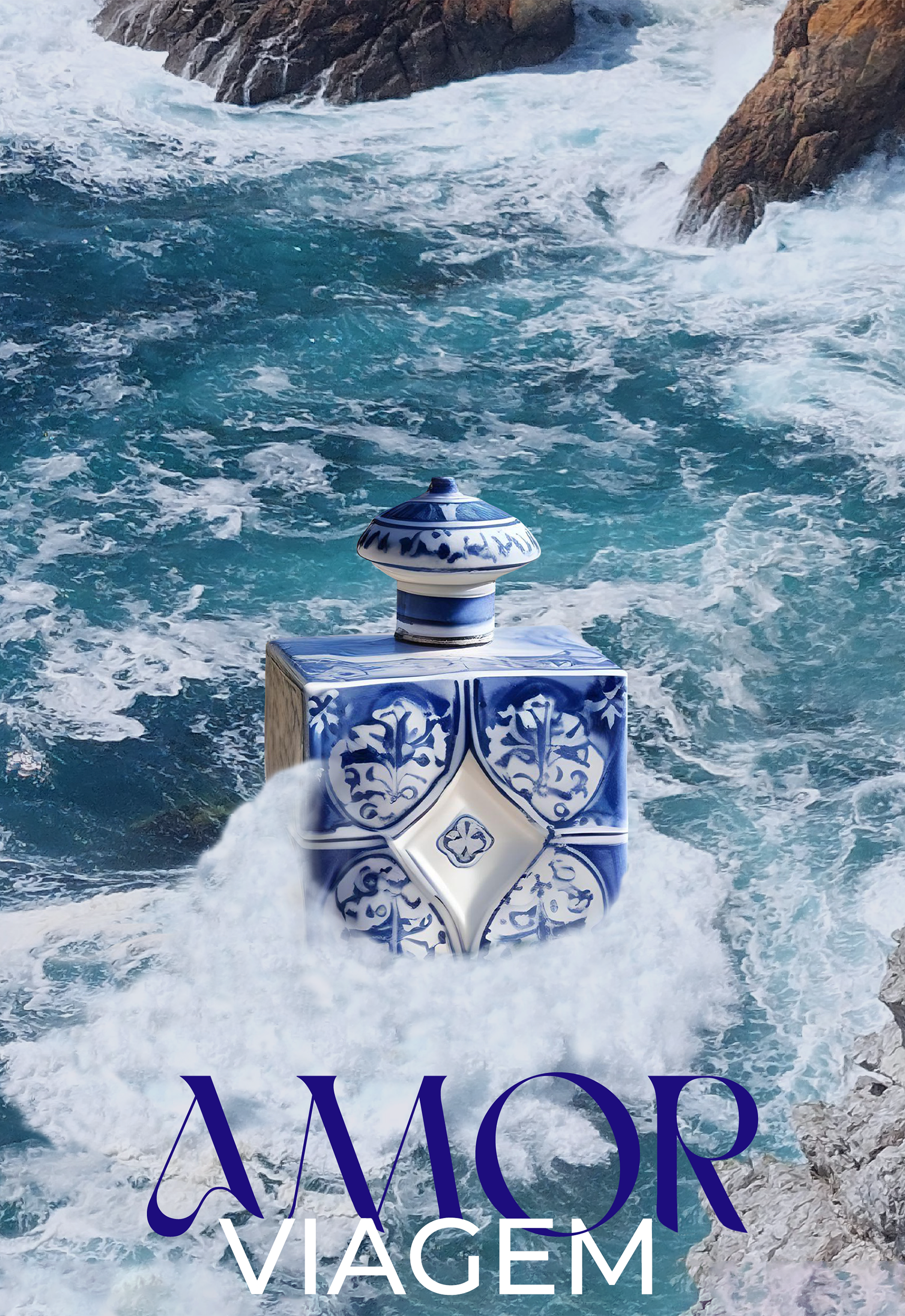 Affiche pour une pub de parfum "Amor-Viagem". Un flacon de parfum stylisé aux carreaux présents aux Portugal est immergé dans une mer déchaînée.