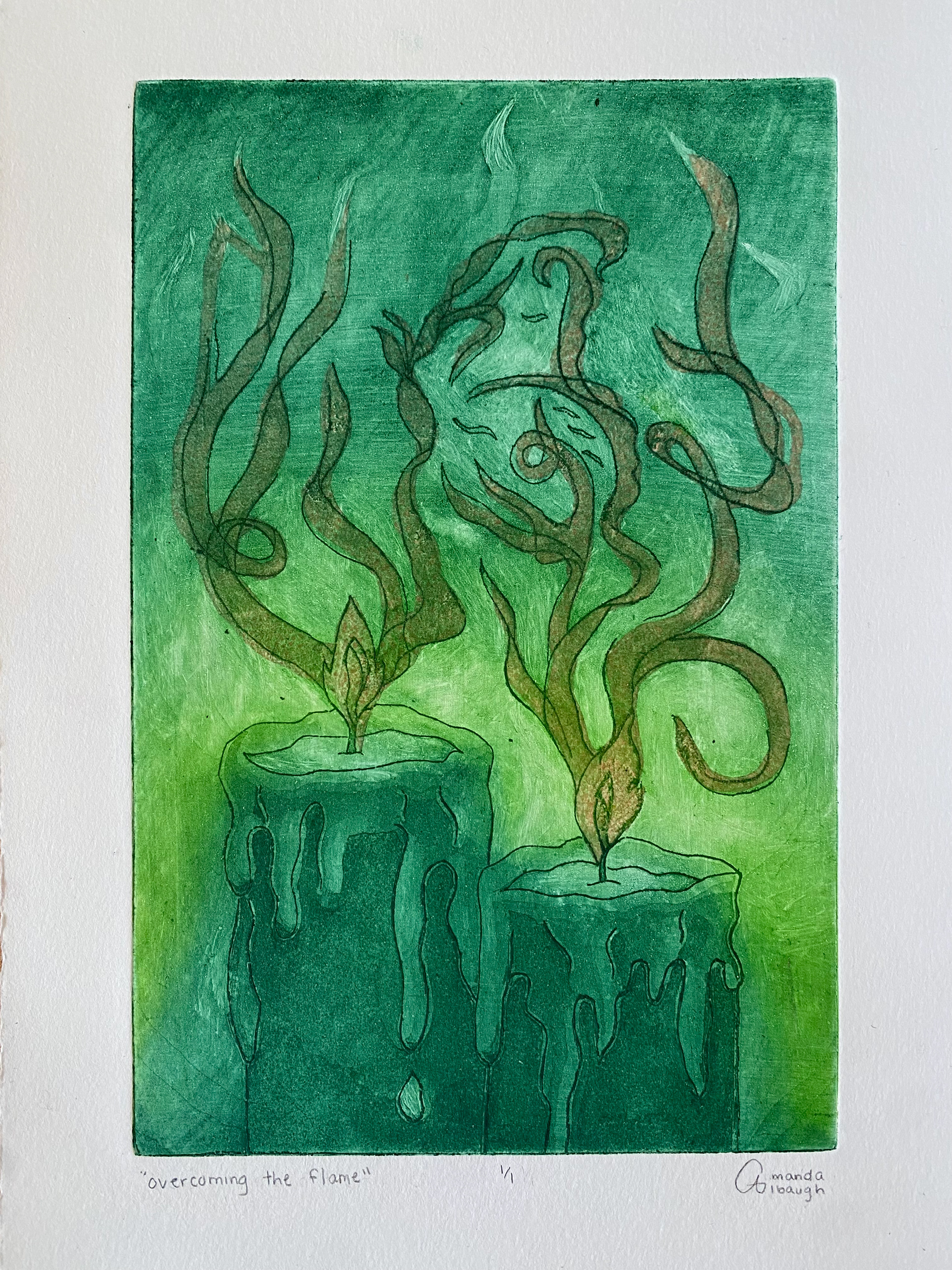 overcoming the flame (green intaglio print, March 2025)