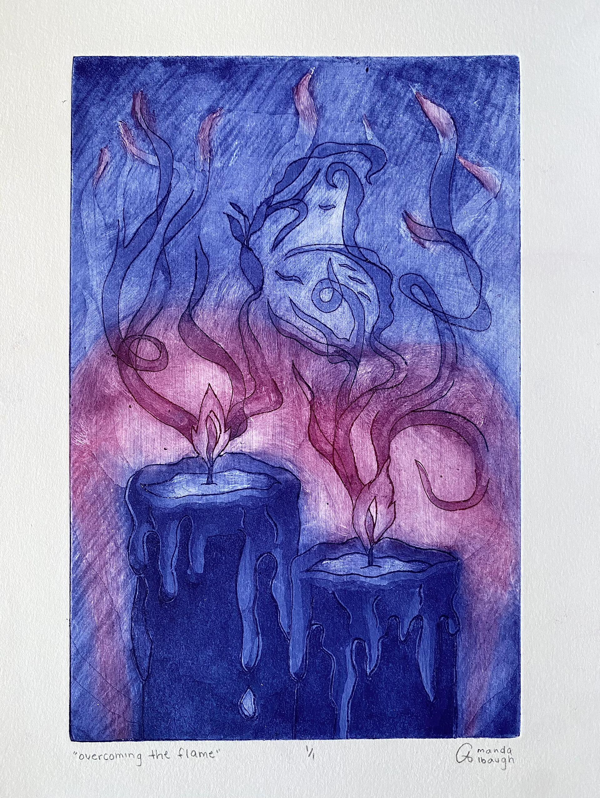 overcoming the flame (blue intaglio print, March 2025)