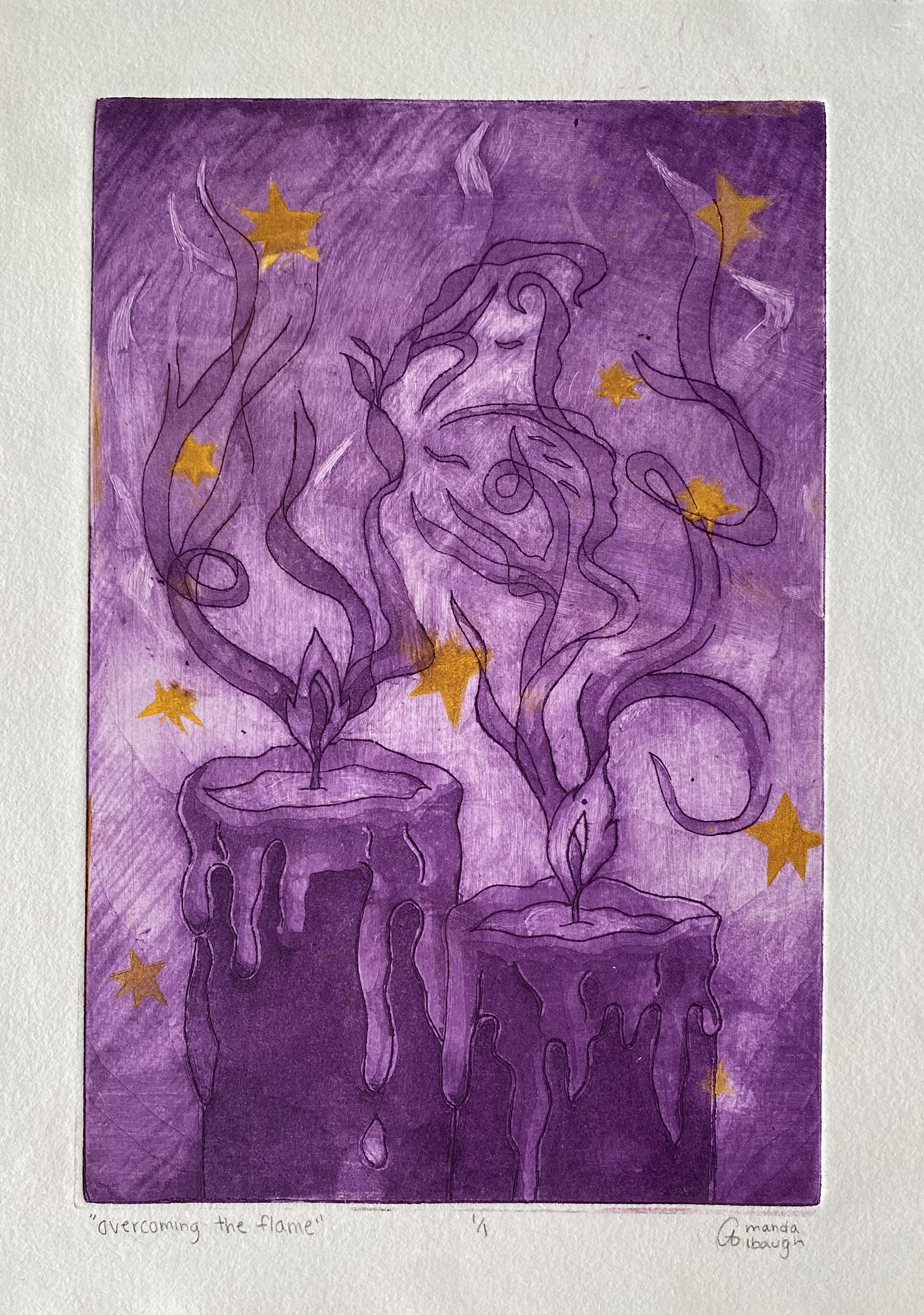 overcoming the flame (purple intaglio print, March 2025)