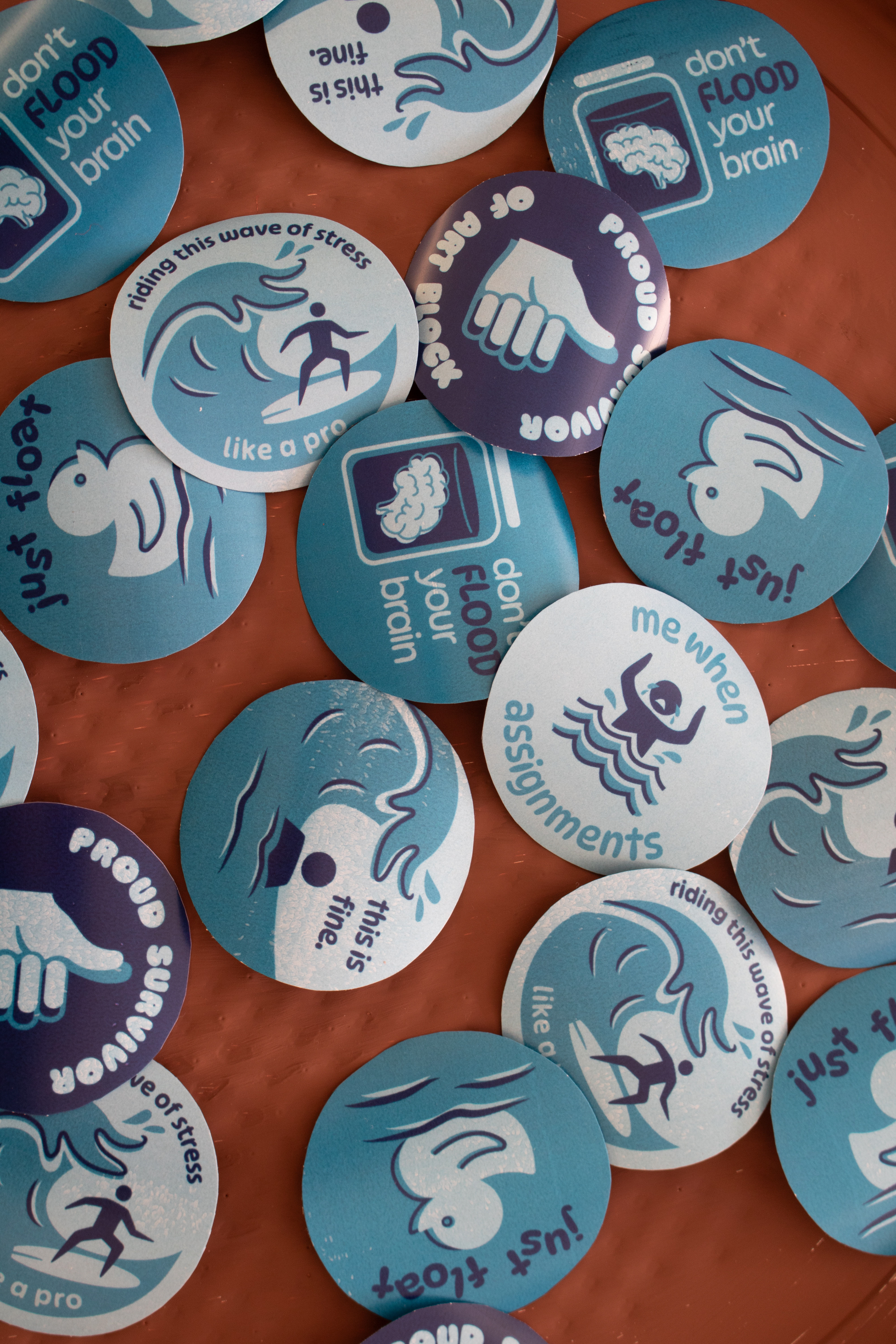 Collection of blue stickers with water-related themes.