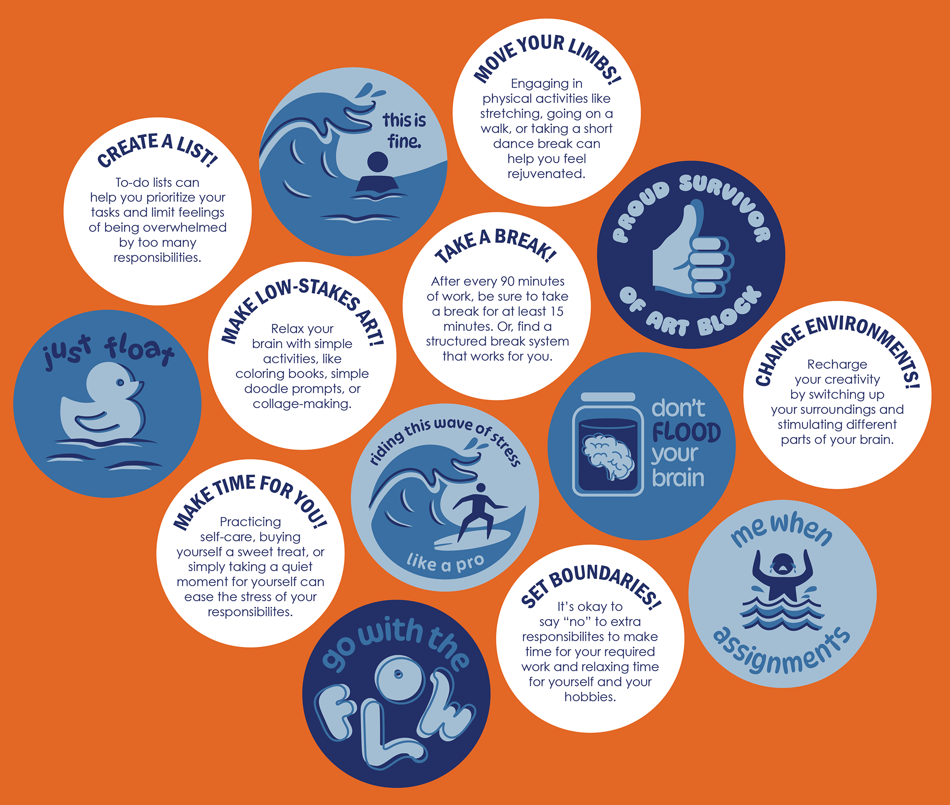 Seven sticker designs with helpful tips on the backs.