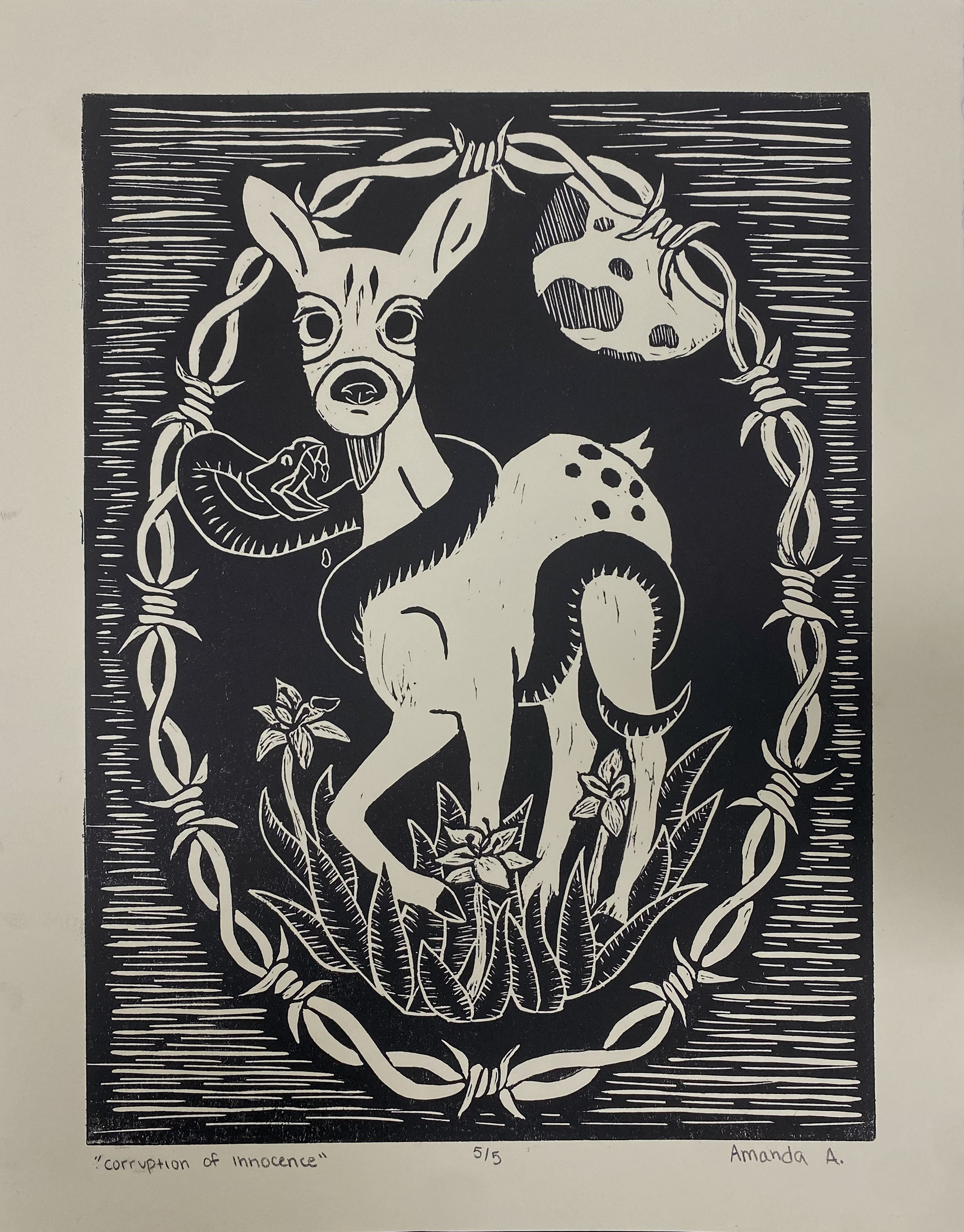the corruption of innocence (linocut print, February 2025)